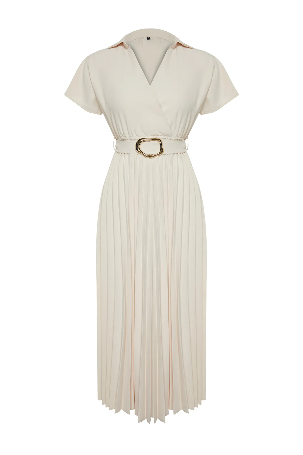 Trendyol Collection  Ecrufarbenes gewebtes Maxikleid mit Gürtelrock, zweireihigem Plisseekragen TWOSS24EL00622
