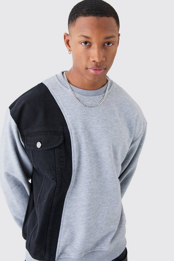 Kastiges gespleißtes Oversize Sweatshirt aus Jersey und Denim