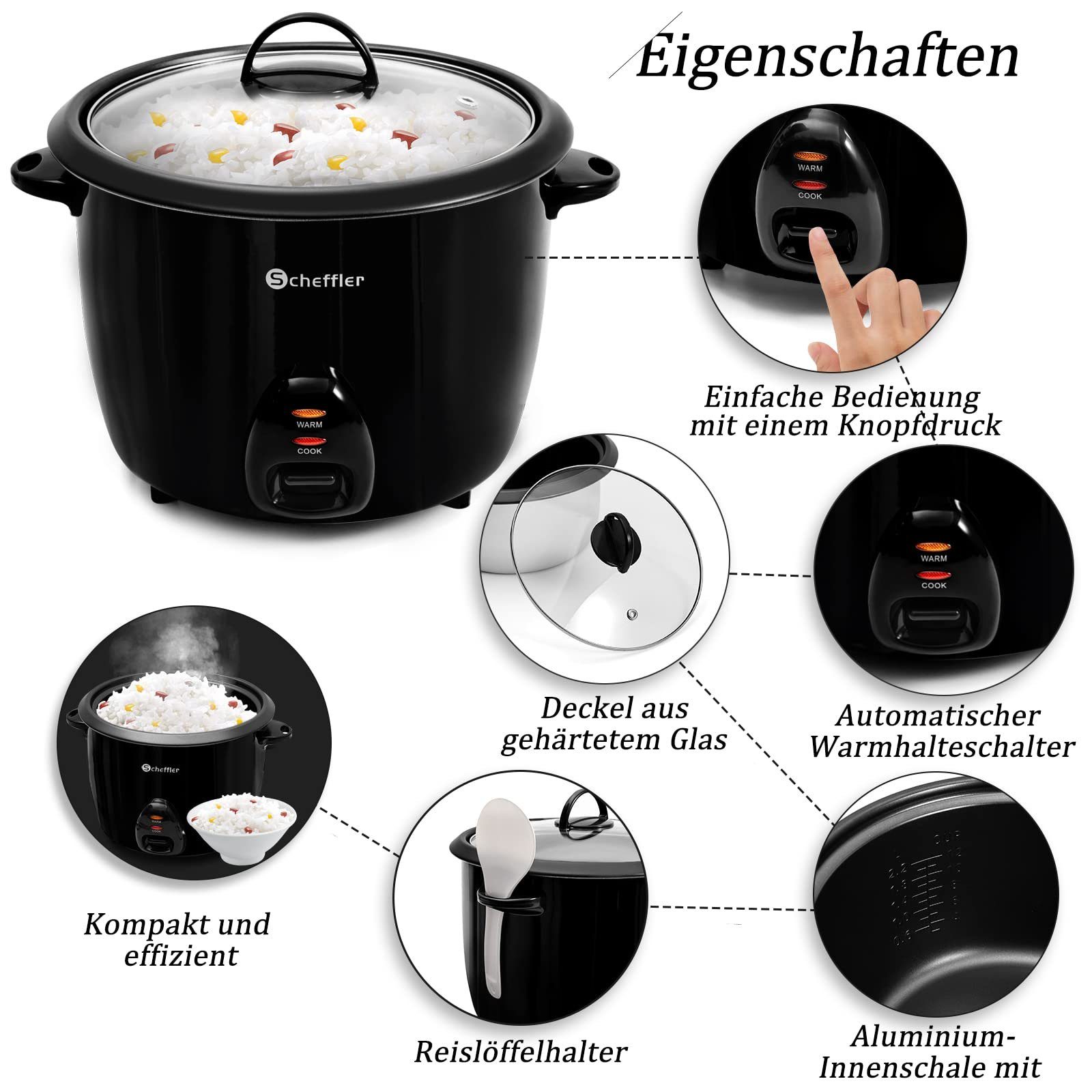 Scheffler Reiskocher 2.2-2.8L, 900-1000W, Warmhaltefunktion, Antihaftbeschichtung, inkl. Reislöffel + Messbecher