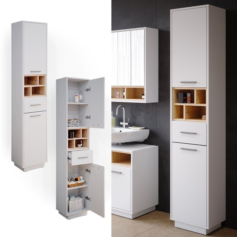 Vicco Hochschrank Badschrank Badezimmerschrank BEATRICE Weiß Sonoma