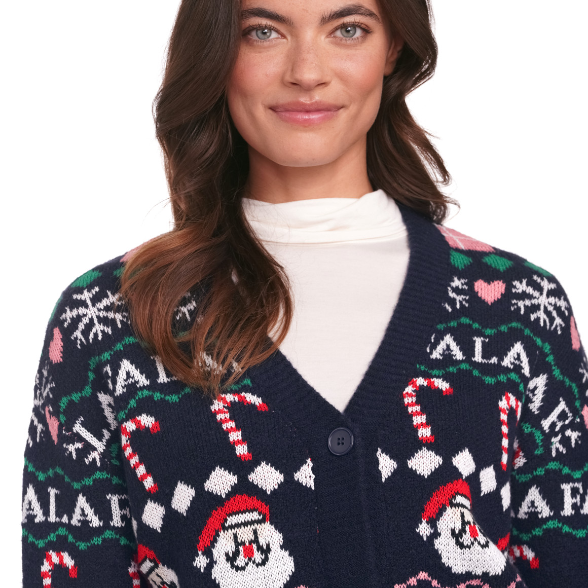 Damen Weihnachtsstrickjacke mit V-Ausschnitt dunkelblau