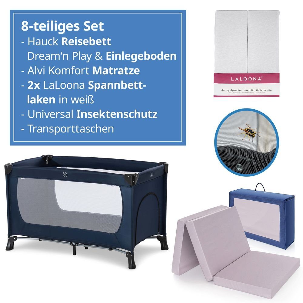 Hauck Baby-Reisebett Dream'n Play Plus - Navy, Baby Kinder Reisebett mit Matratze, 2 Spannbettlaken & Insektenschutz