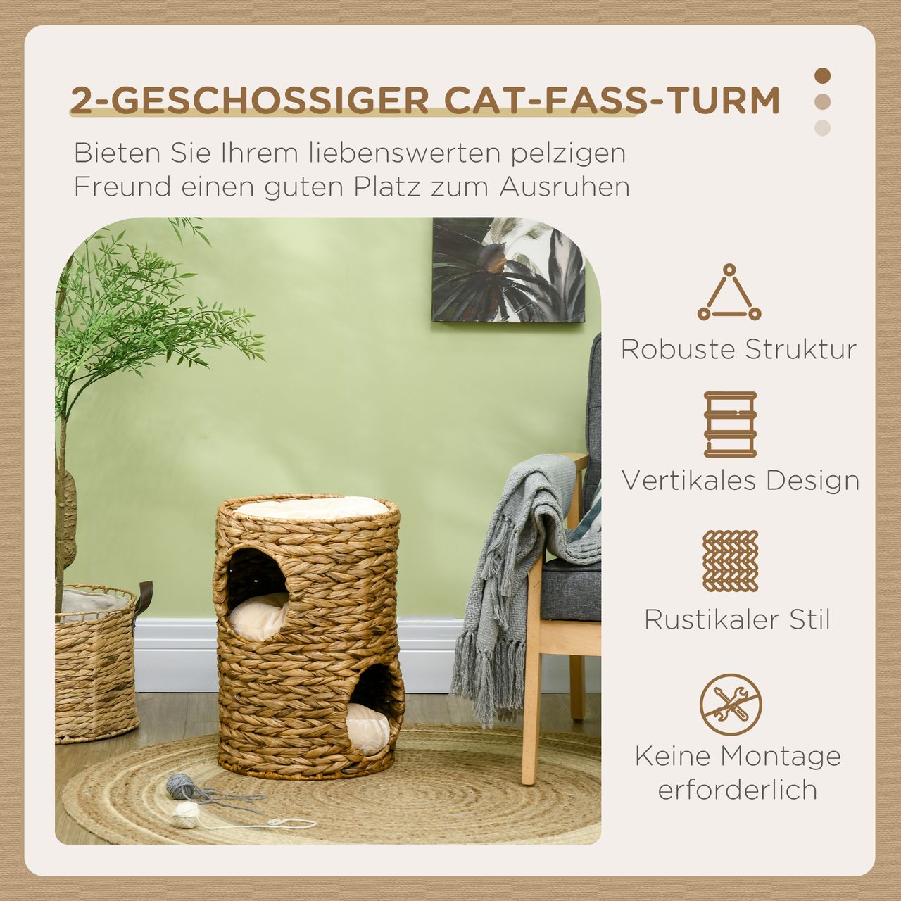PawHut Kratztonne, Höhe 47 cm, Kratzturm mit 2 Ebenen, Katzenturm mit Kissen
