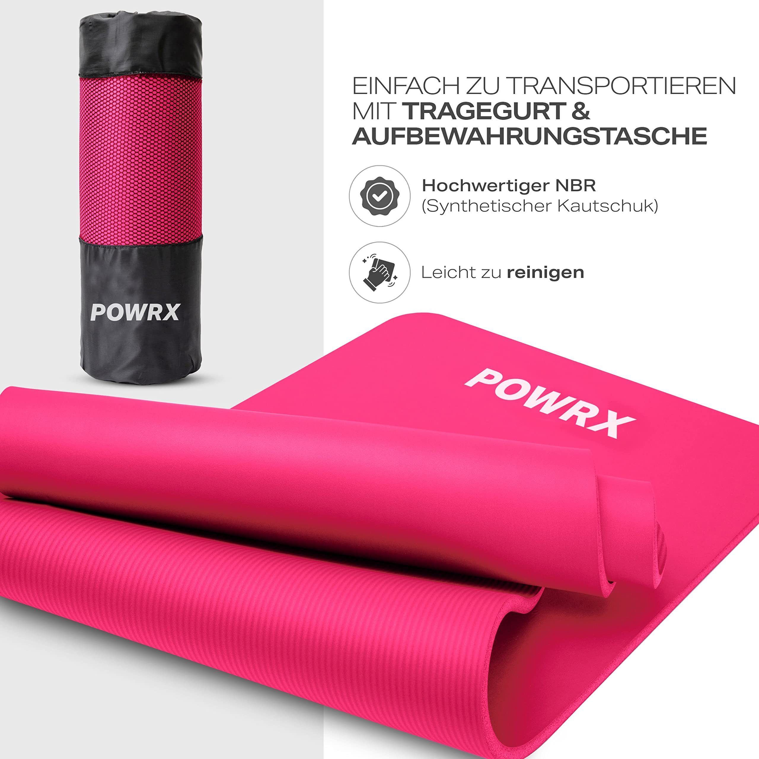 POWRX Yogamatte Gymnastik- & Yoga-Matte (Pink, 190x60x1.5cm) inkl. Trageband + Tasche, Pink 190 X 60 X 1.5 Cm