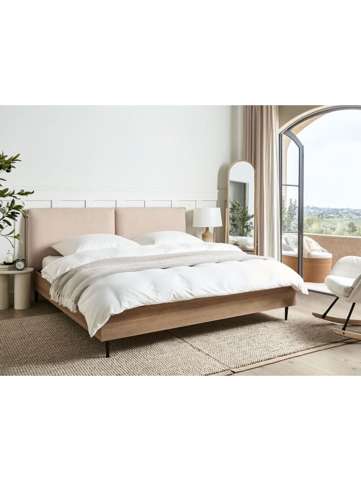 Beliani Doppelbett LIMANTON in Beige/Heller Holzfarbton/Schwarz günstig kaufen onesize