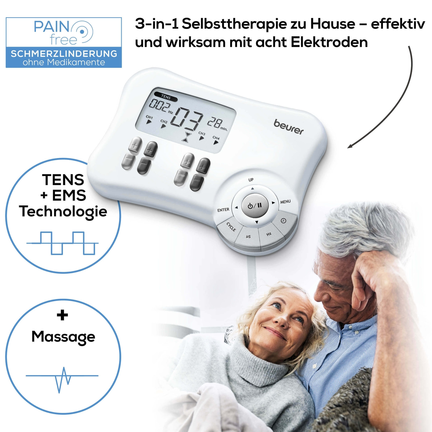 Beurer Digital TENS/EMS EM 80 3-in-1-EMS-TENS-Gerät zur Schmerztherapie, Muskelstimulation & Massage mit 8 Elektroden