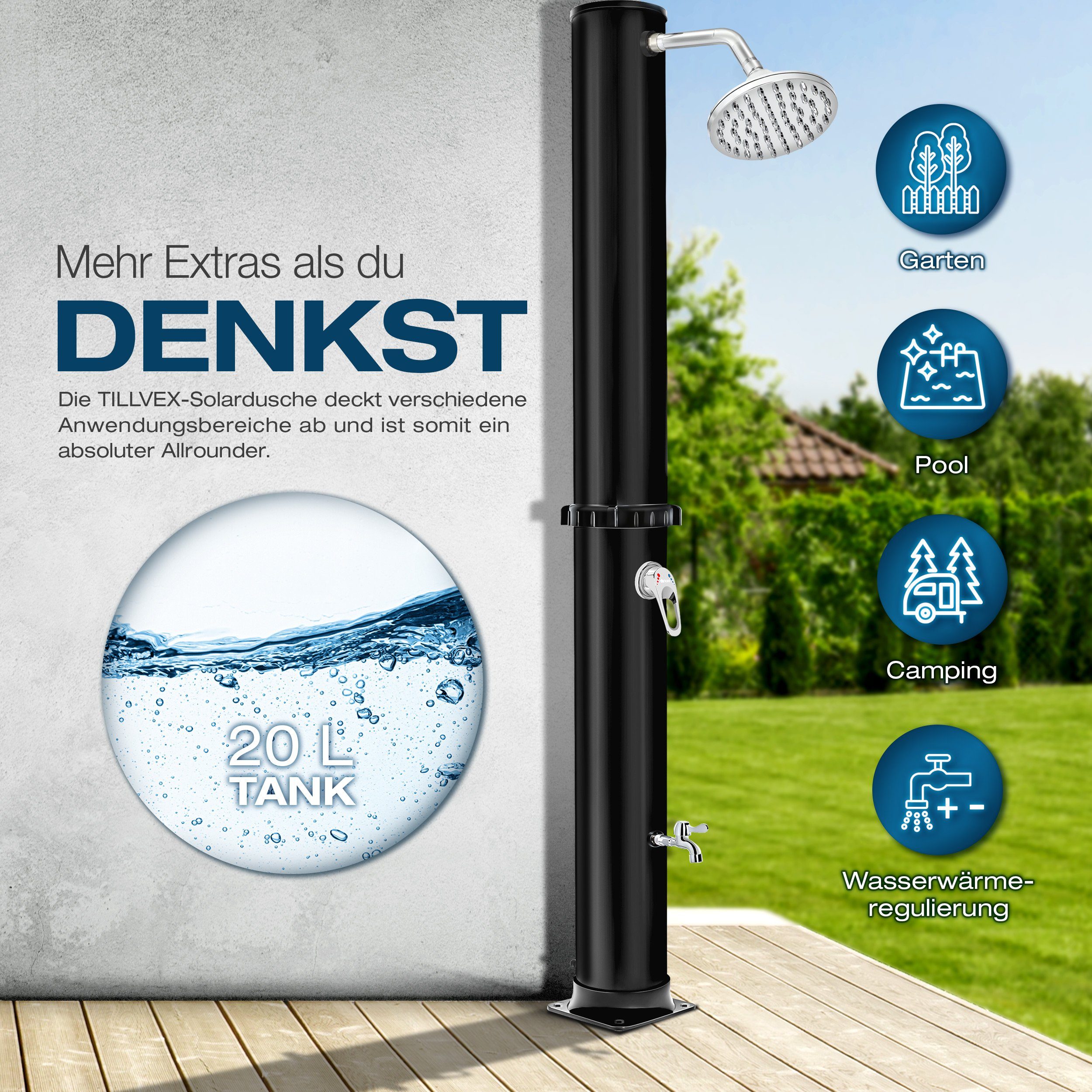 tillvex Solardusche Solar Gartendusche 20 Liter inklusive Schutzhaube Solar Garten-dusche, warmes Wasser, Pooldusche Camping, ohne Stromanschluss