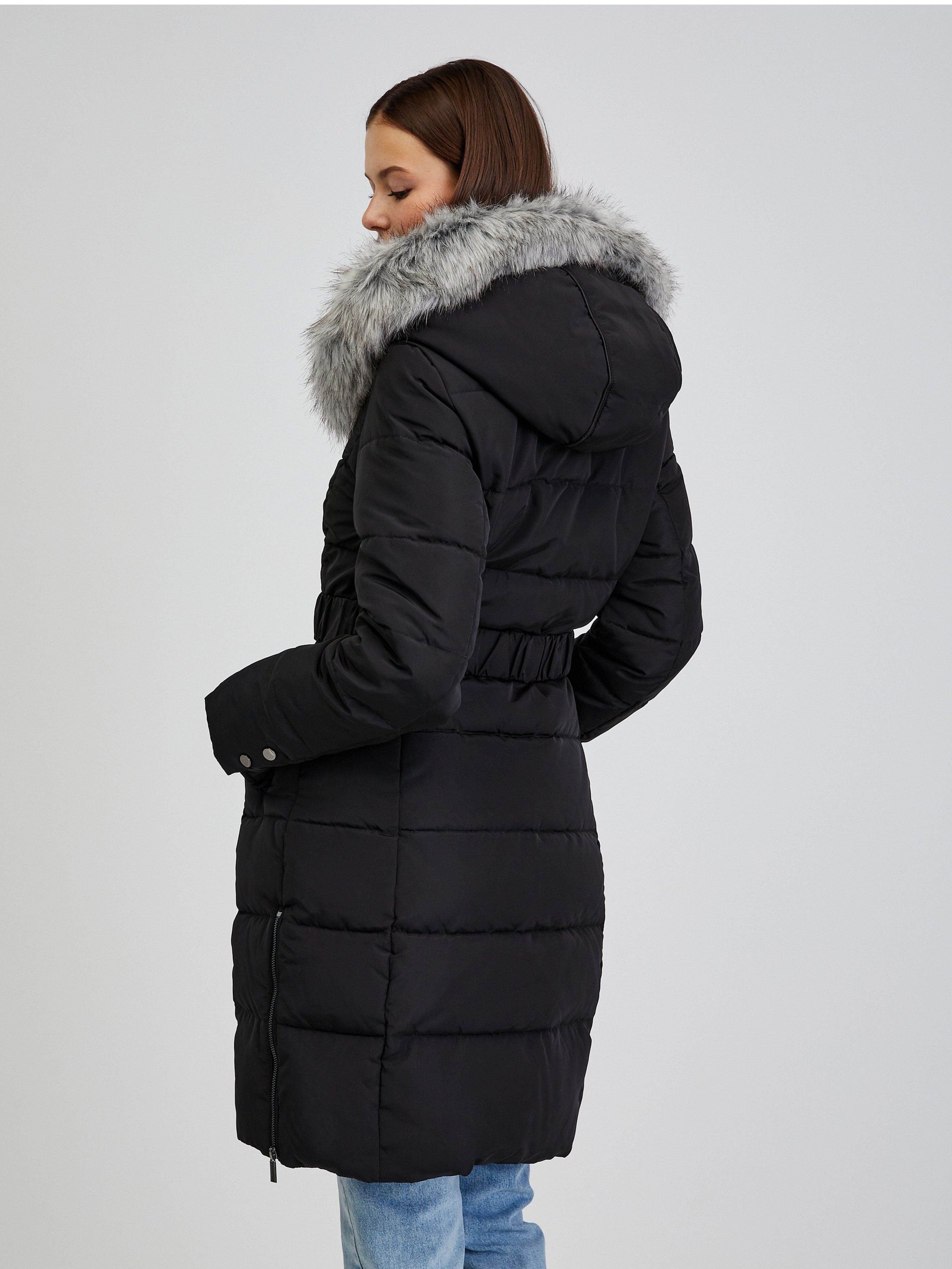 Schwarzer Damen Daunen-Wintermantel mit Kapuze und Kunstpelz ORSAY