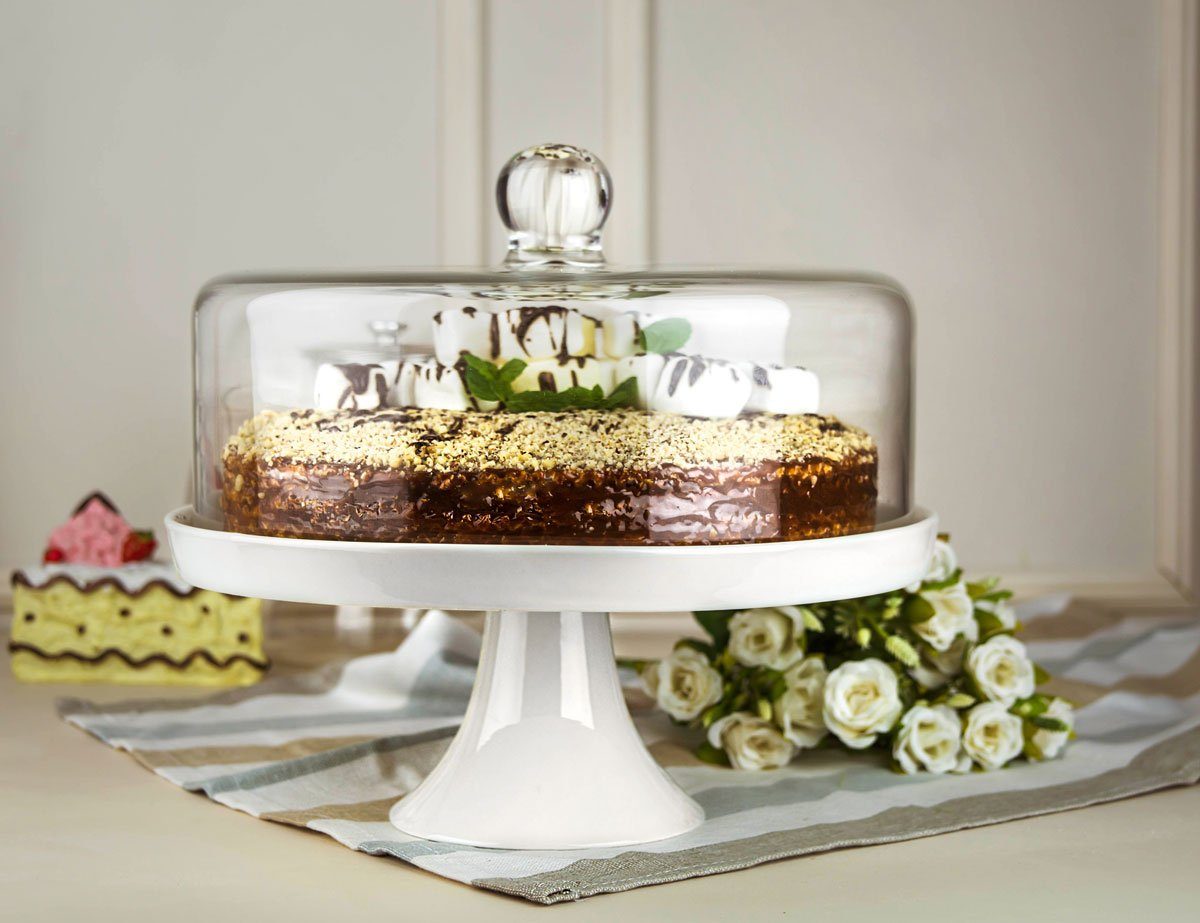 Sendez Tortenplatte Glasglocke Kuchenglocke Käseglocke Fuß aus Porzellan Tortenplatte Kuchenplatte