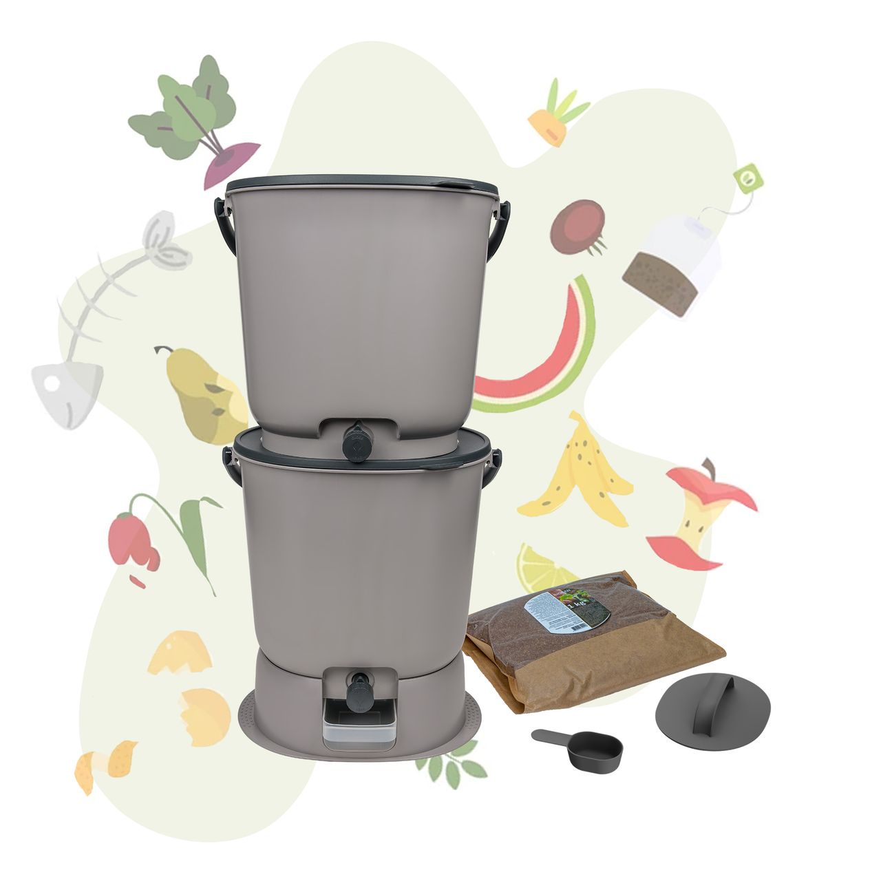 Lemodo Bokashi Starter Set mit 2 Bokashi Eimer, grau