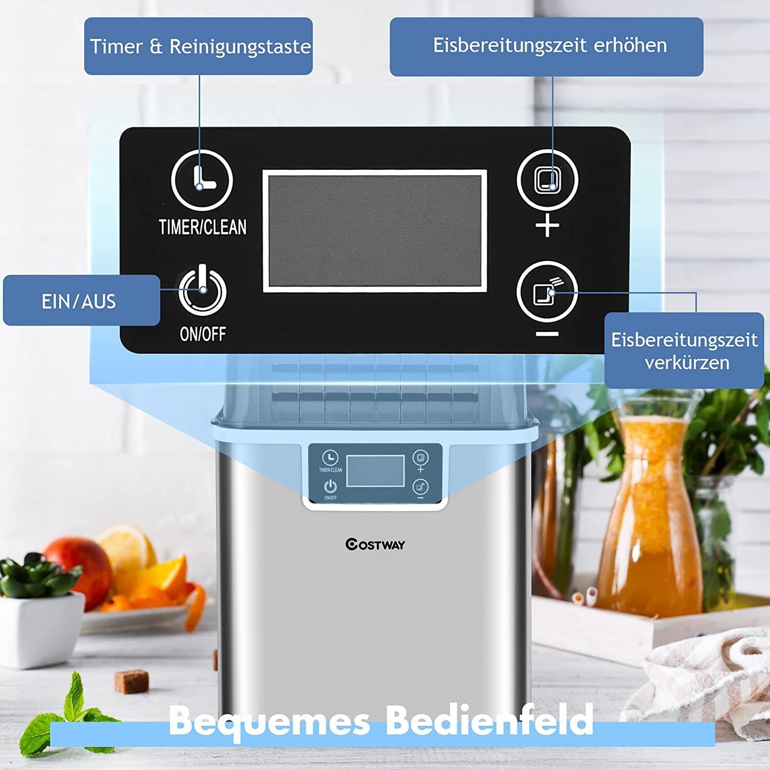 COSTWAY Eiswürfelmaschine, 24 Eiswürfel in 15min, 18kg 24 H, 3,2L Wassertank