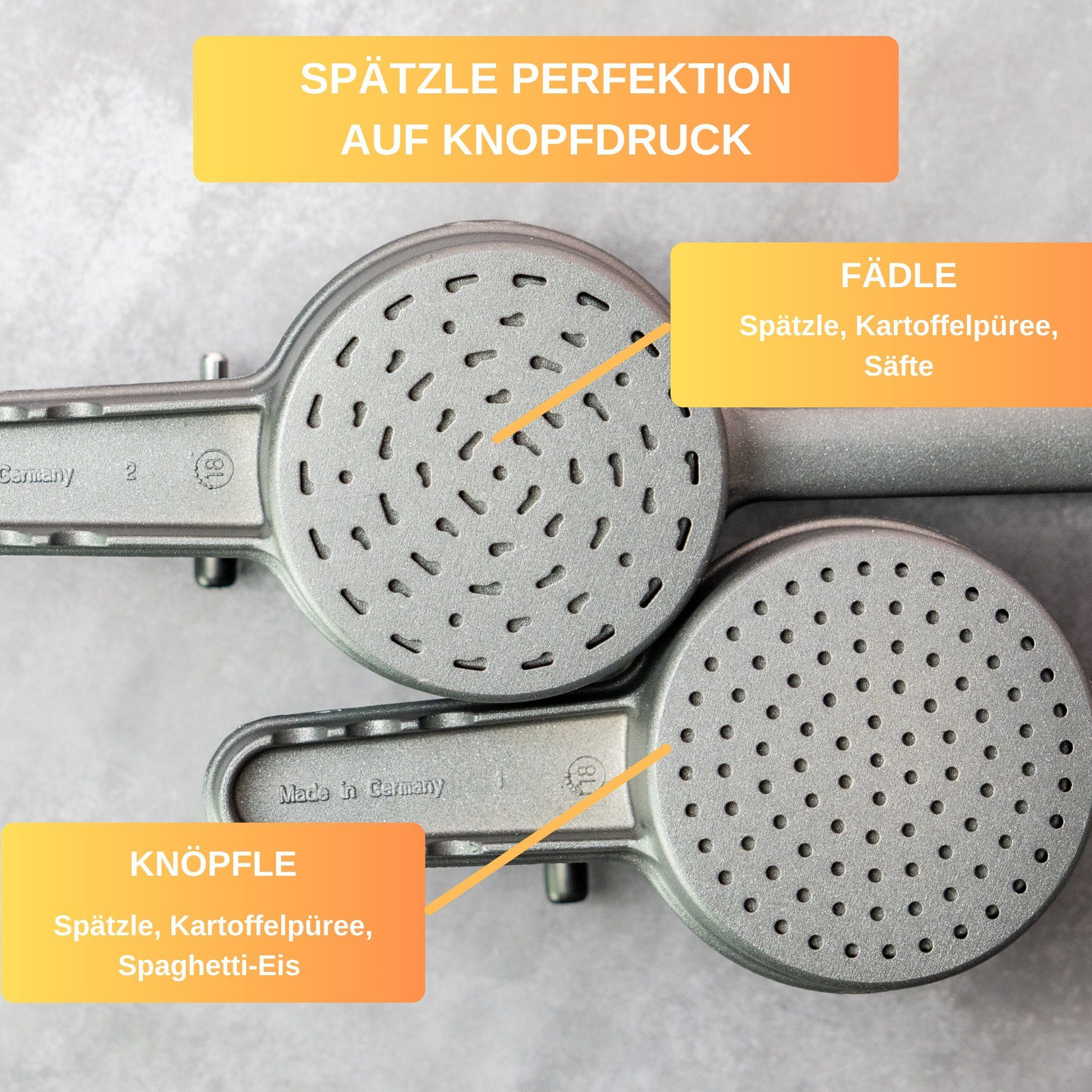 Thiru Spätzlepresse Kartoffelpresse mit Auflagerasten - Spätzle, Kartoffeln, Saft, Knöpfle, Made in Germany