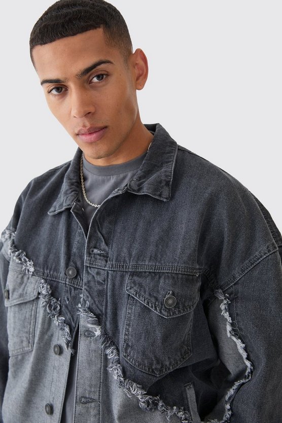 Gespleißte Oversize Jeansjacke mit ausgefranstem Saum
