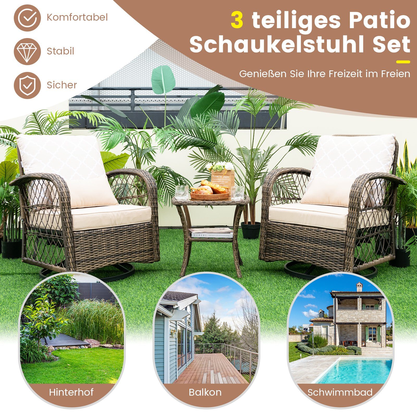 COSTWAY Balkonset, (3-tlg), 3 teilig mit Tisch & 2 Schaukelstühle