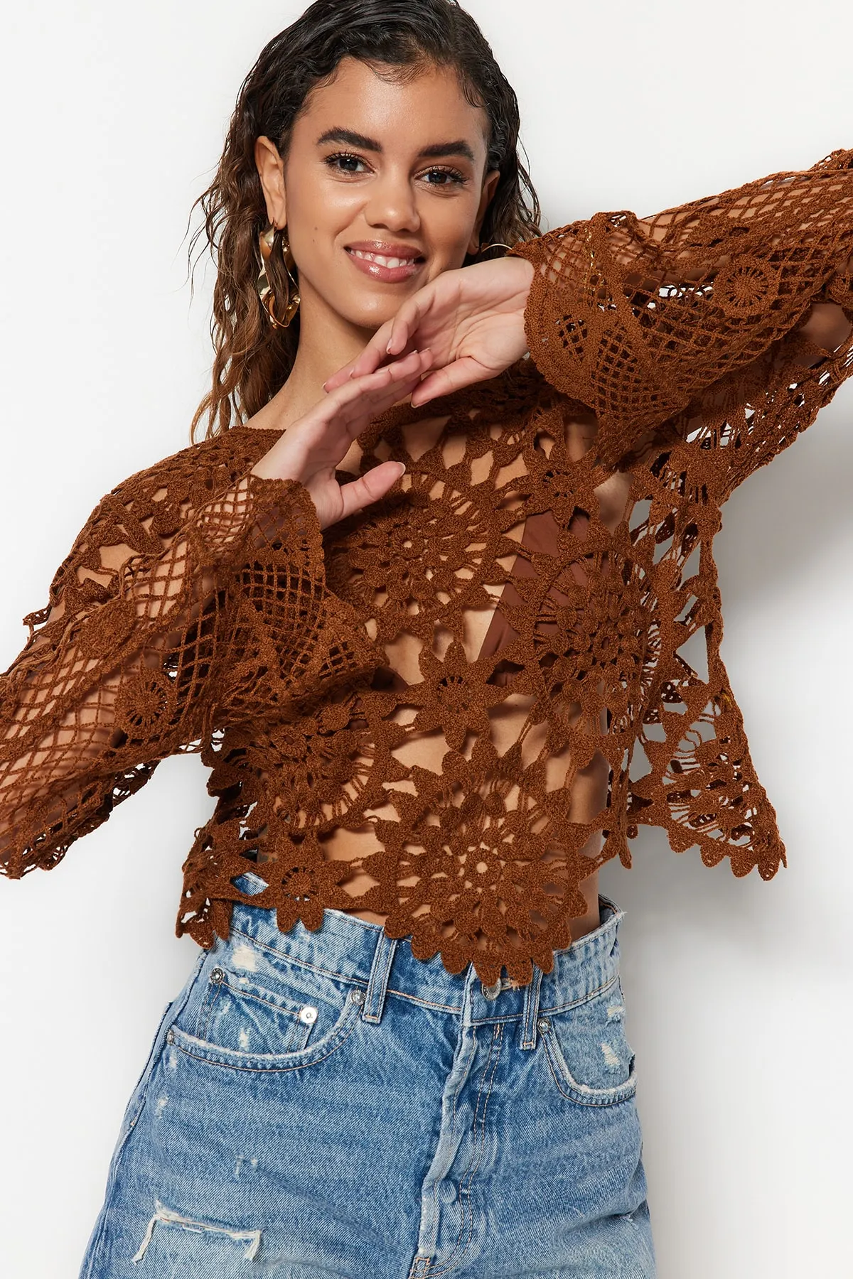 Trendyol Collection  Braune Strick-Häkelbluse TBESS20BZ0572