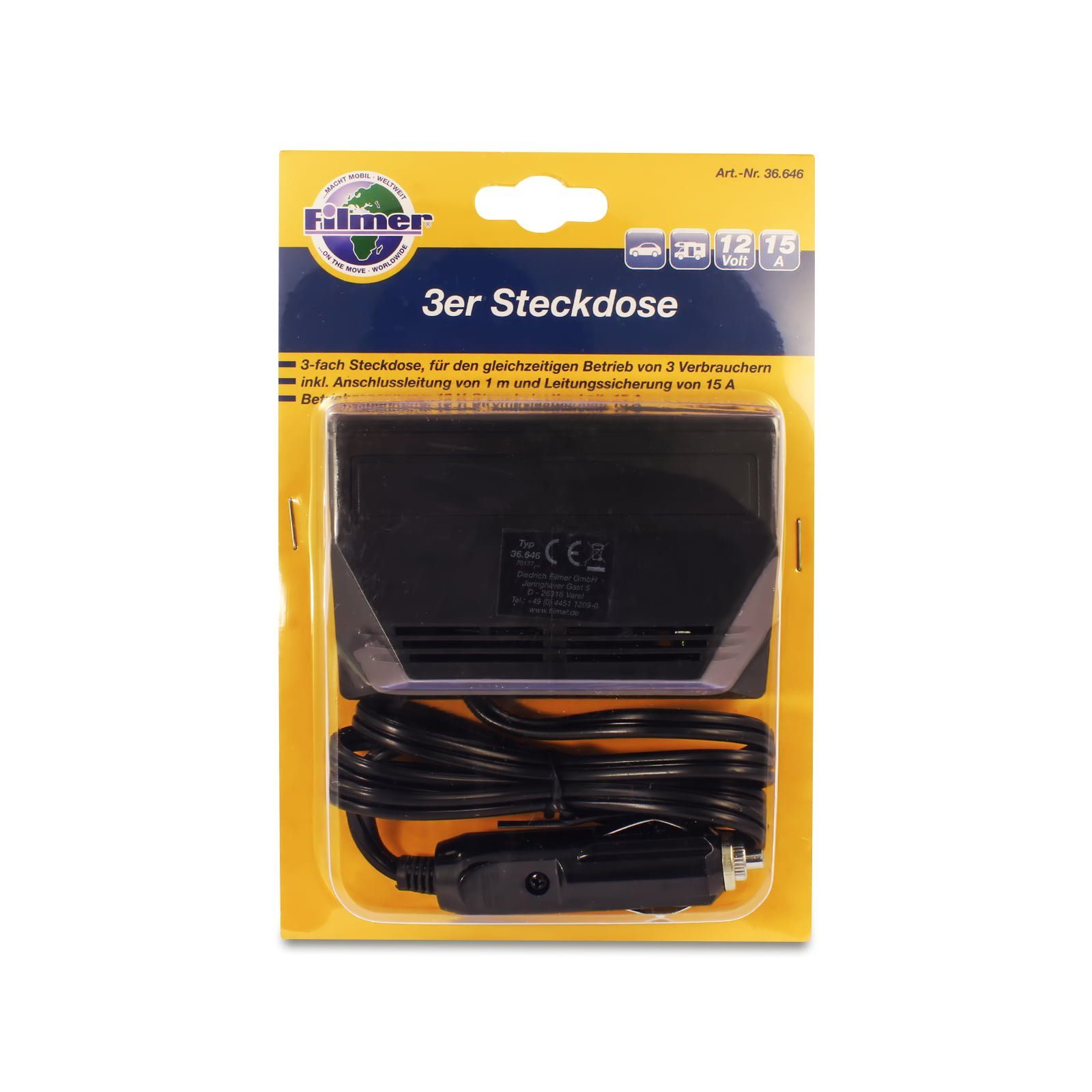 Filmer 3-fach Verteiler KFZ Zigarettenanzünder Auto Buchse KFZ-Adapter 1x Zigarettenanzünder zu 3x Zigarettenanzünder, 100 cm, Auto Adapter Steckdose Ladegerät 12V