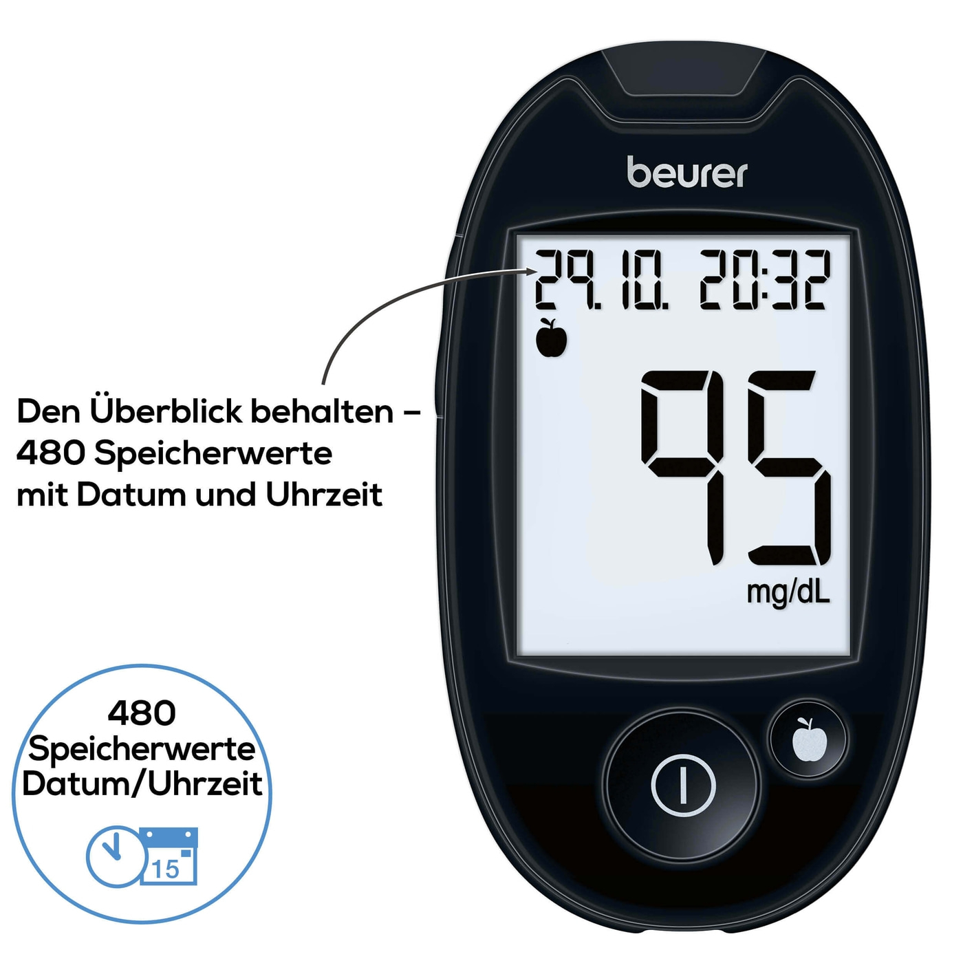 Beurer Blutzuckermessgerät GL 44 White mg/dL-Blutzuckermessgerät mit Blutmengenkontrolle & App-Anbindung