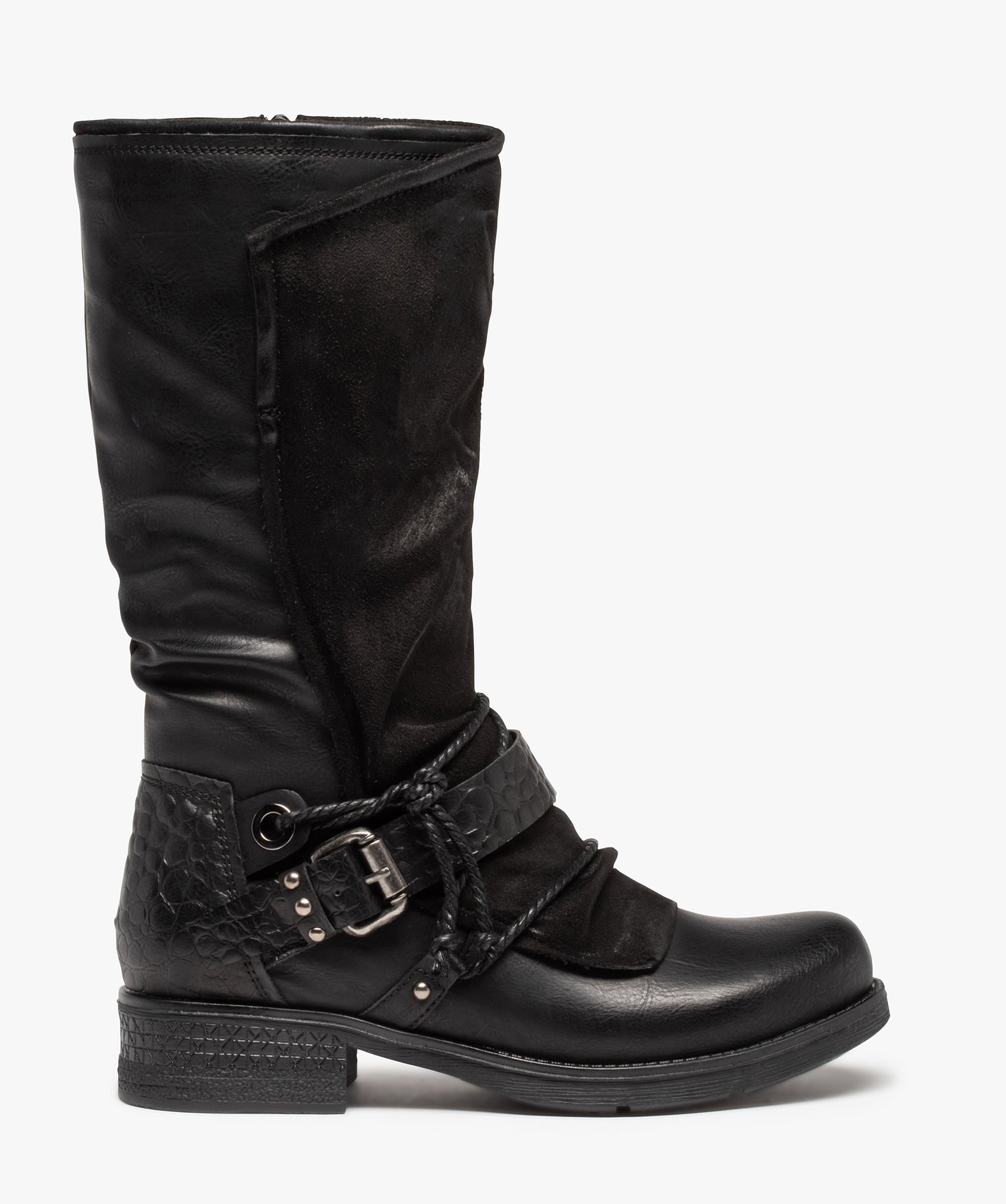 Bottes femme unies style motard à brides fantaisie noir | GEMO