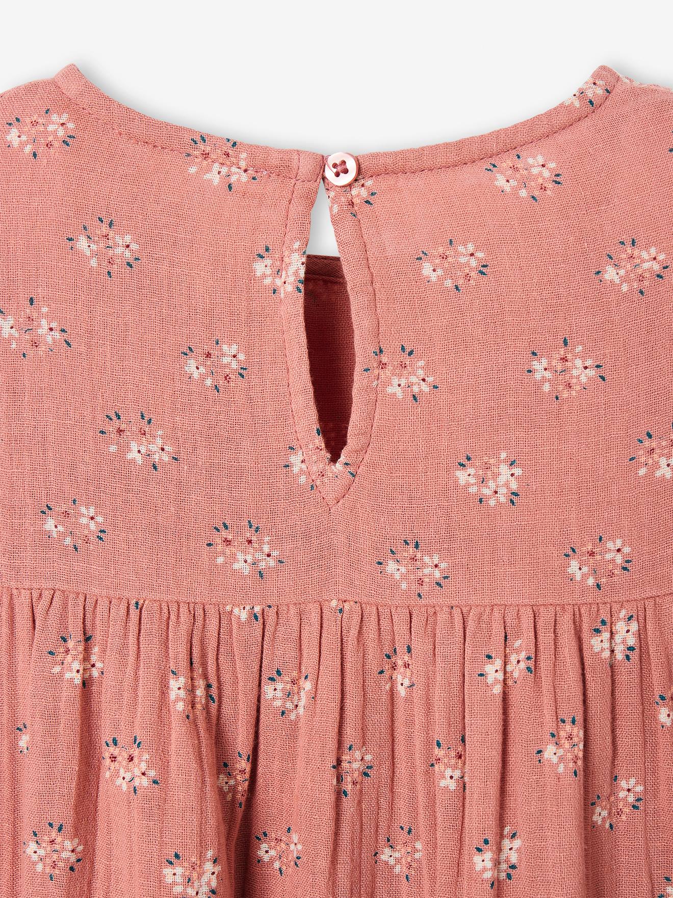 Robe fille en gaze de coton imprimée manches papillon tomette