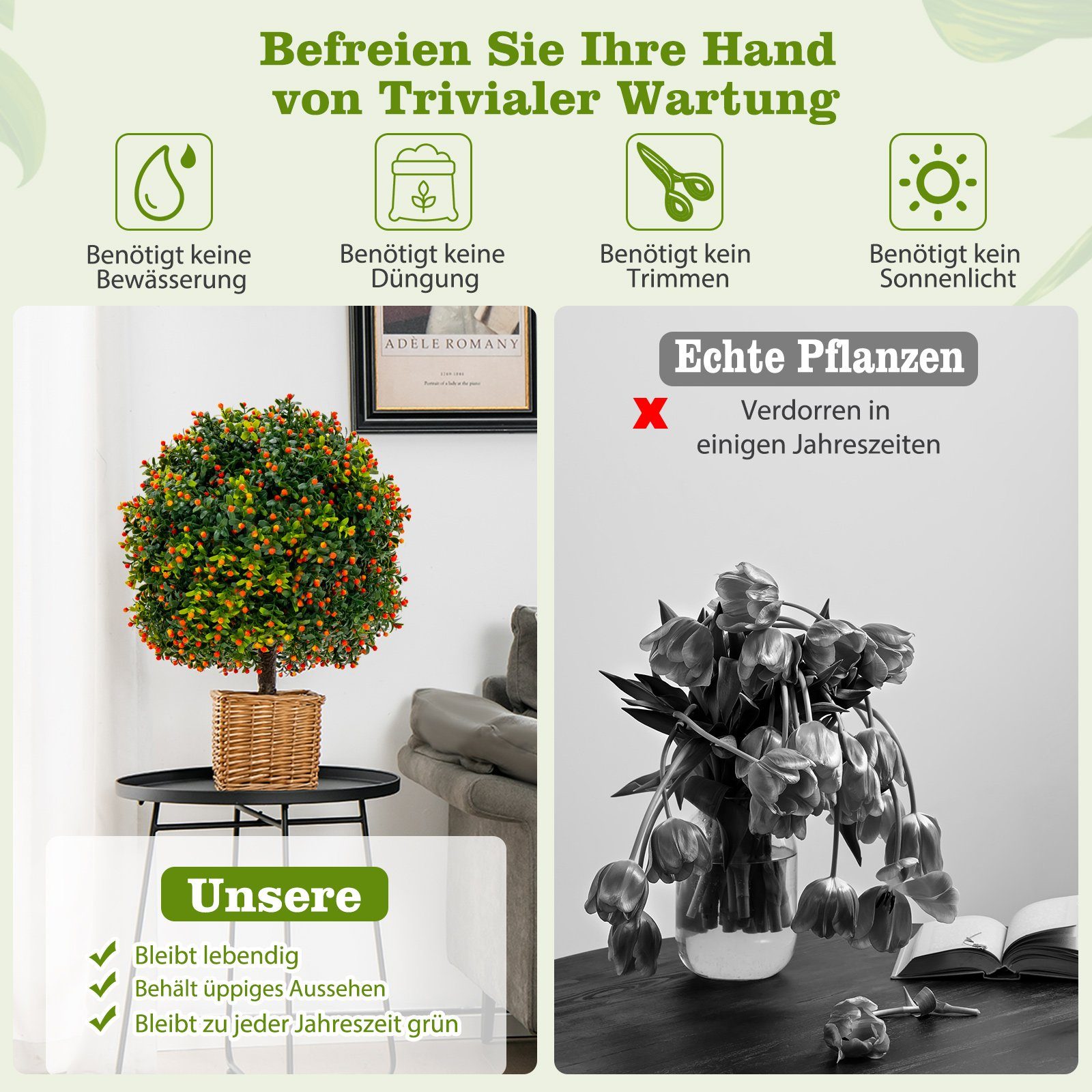 Kunstpflanze Buchsbaum, COSTWAY, Höhe 55 cm, 2er Set, mit Früchten & Topf