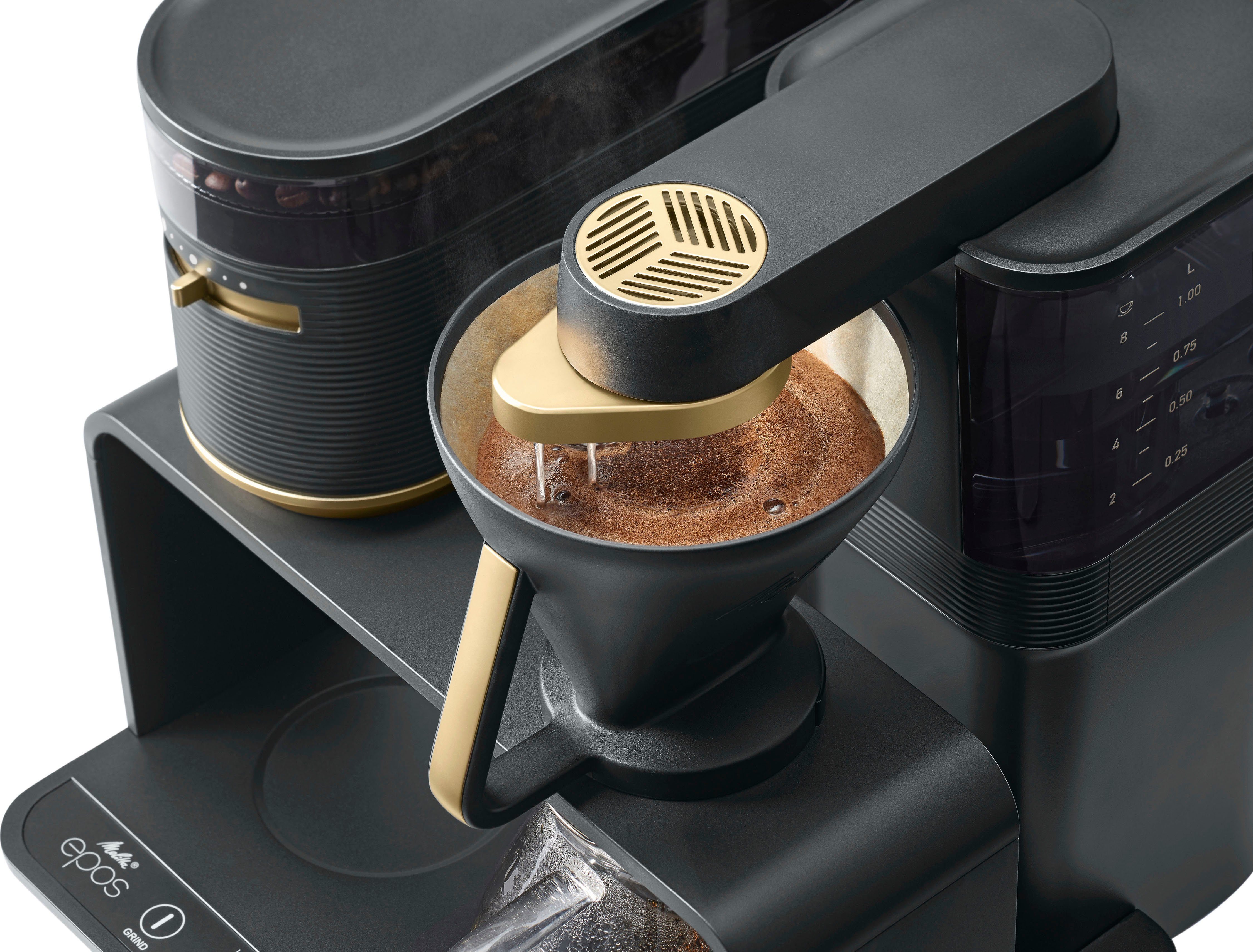 Melitta Kaffeemaschine mit Mahlwerk EPOS® 1024-04, 1l Kaffeekanne, Papierfilter 1x4, Schwarz/Gold, 360°rotierender Wasserauslauf