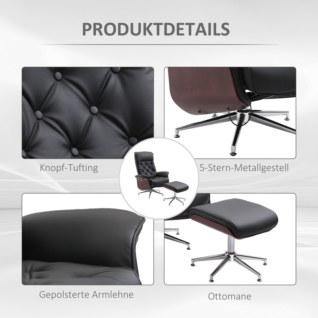 HOMCOM Relaxsessel mit Hocker Fernsehsessel Polstersessel 360° drehbar 145° neigbar Chesterfield PU-Bezug Holzverkleidung Metallfuß Schwarz 82 x 83 x 110 cm