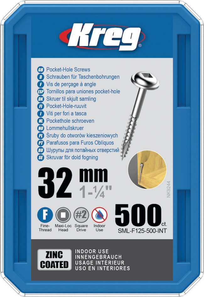Wkręty do otworów kieszeniowych Kreg SML-F125-500-INT 32 mm ocynkowane, gwint drobny Maxi-Loc, 500 sztuk