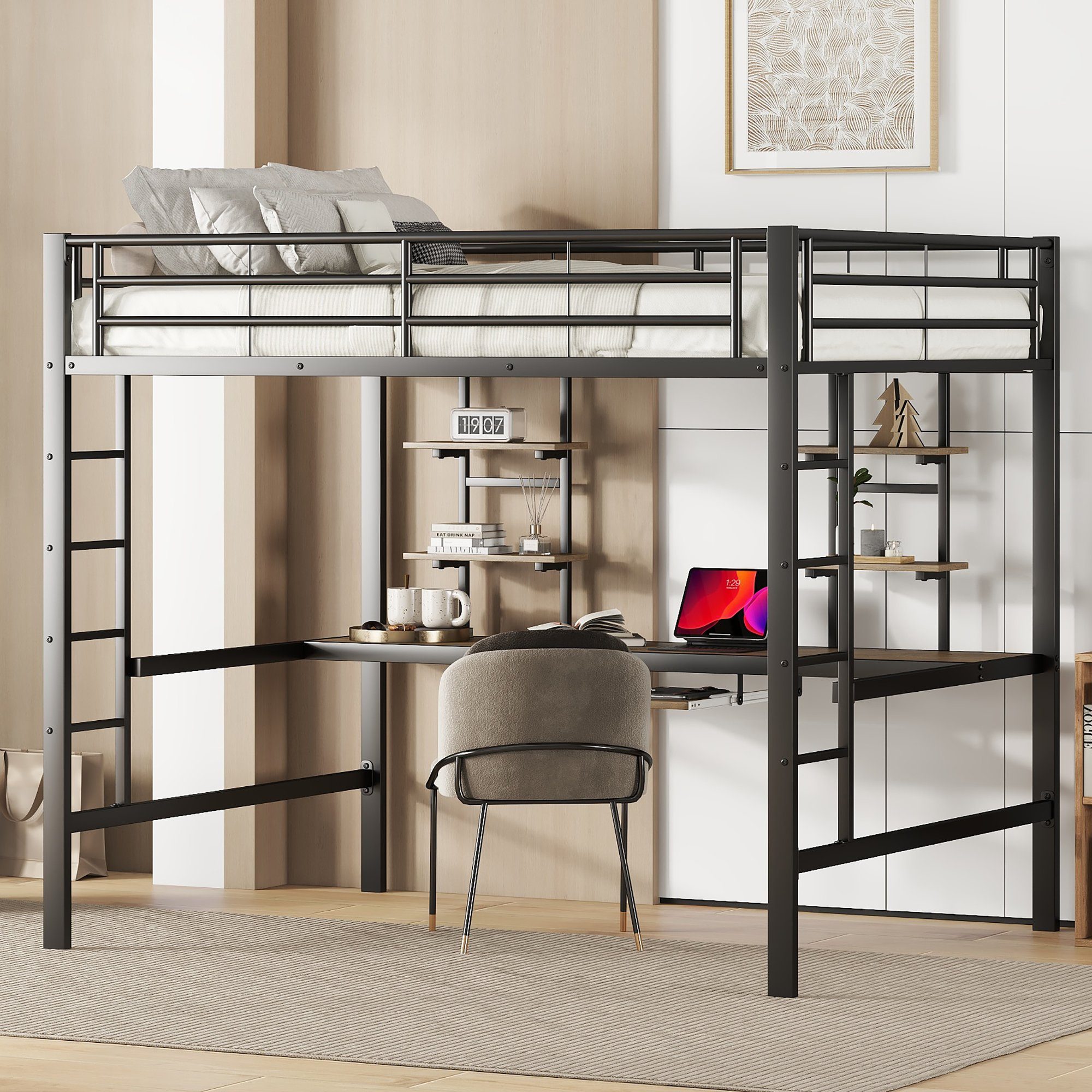 DEEP POWER Metallbett Metallbett Hochbett mit Schreibtisch Eisenbett 140x200cm Jugendbett