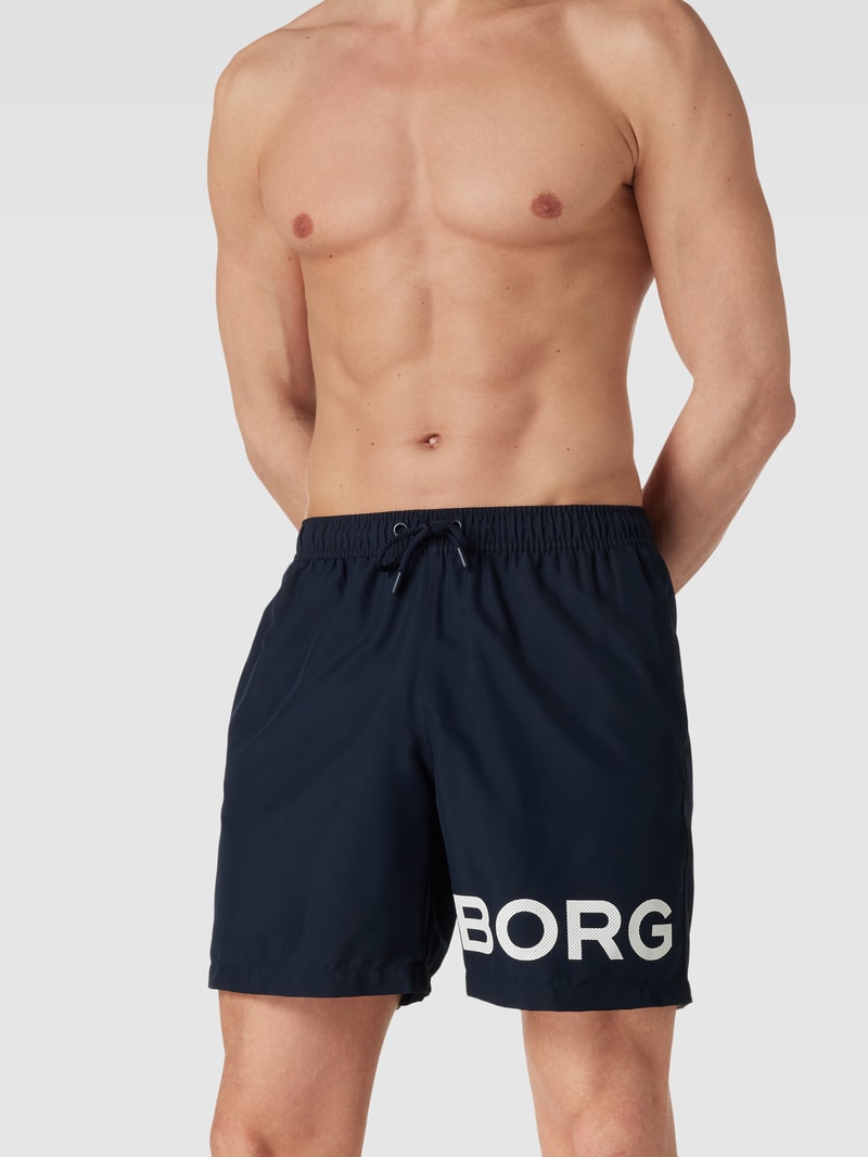 Badehose mit Label-Print Modell 'SHELDON' in dunkelblau