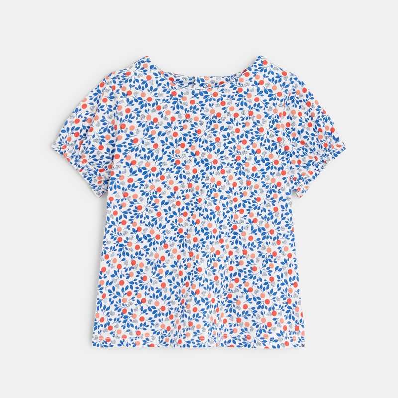 Robe salopette denim léger et t-shirt fleuri bleue bébé fille