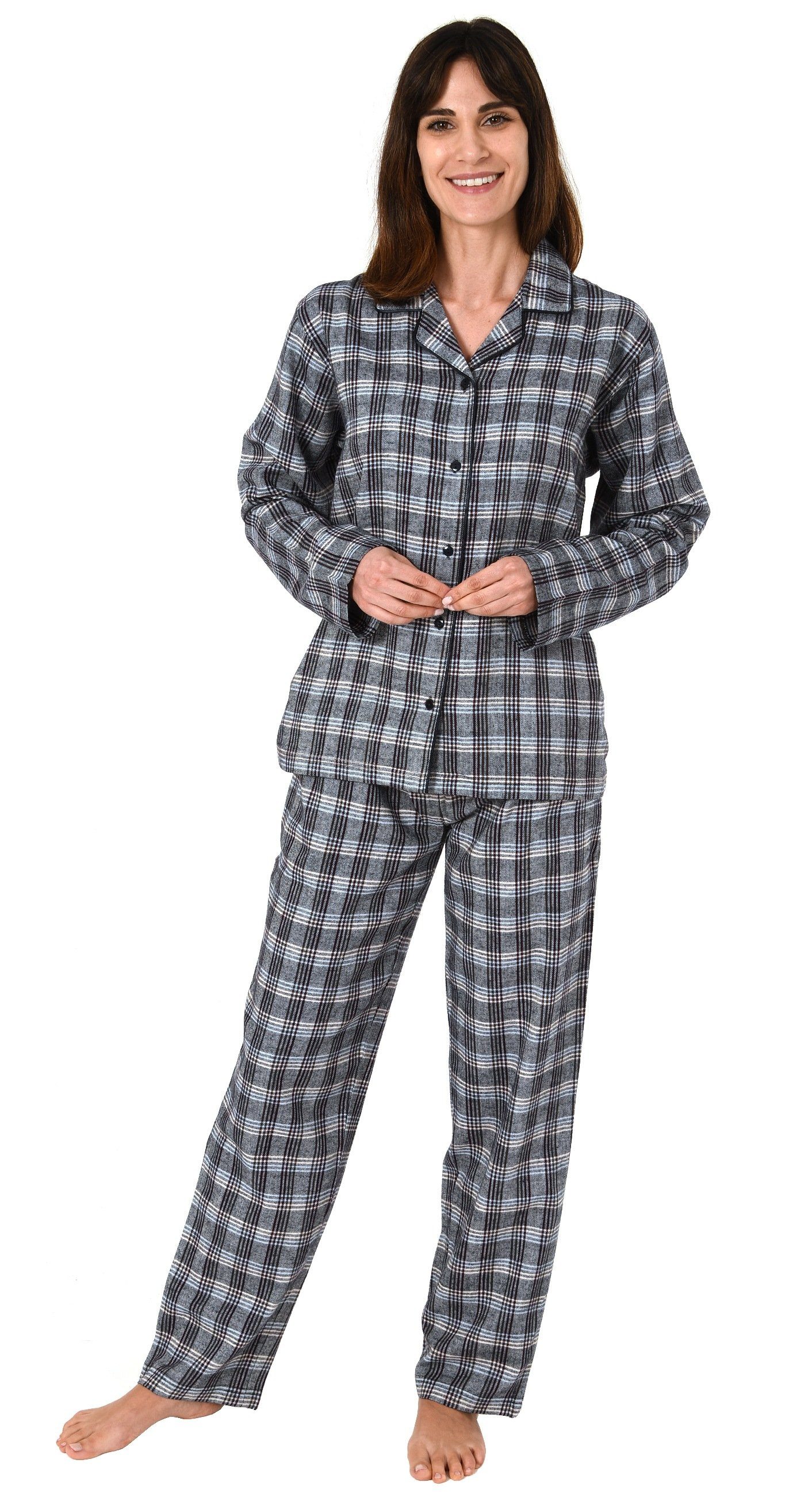Normann Pyjama Damen Flanell Schlafanzug langarm kariert  - auch in Übergrößen