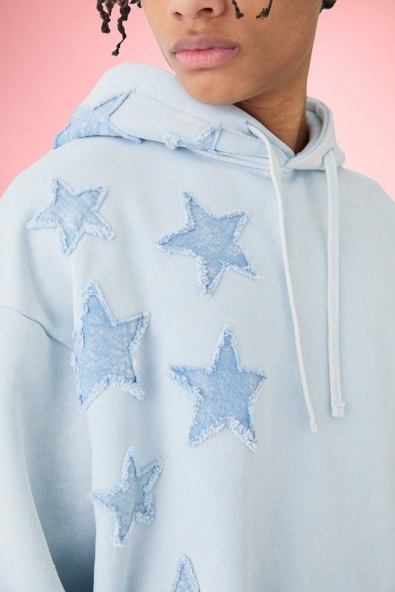 Oversized Acid Wash Denim Stars Applique Tracksuit