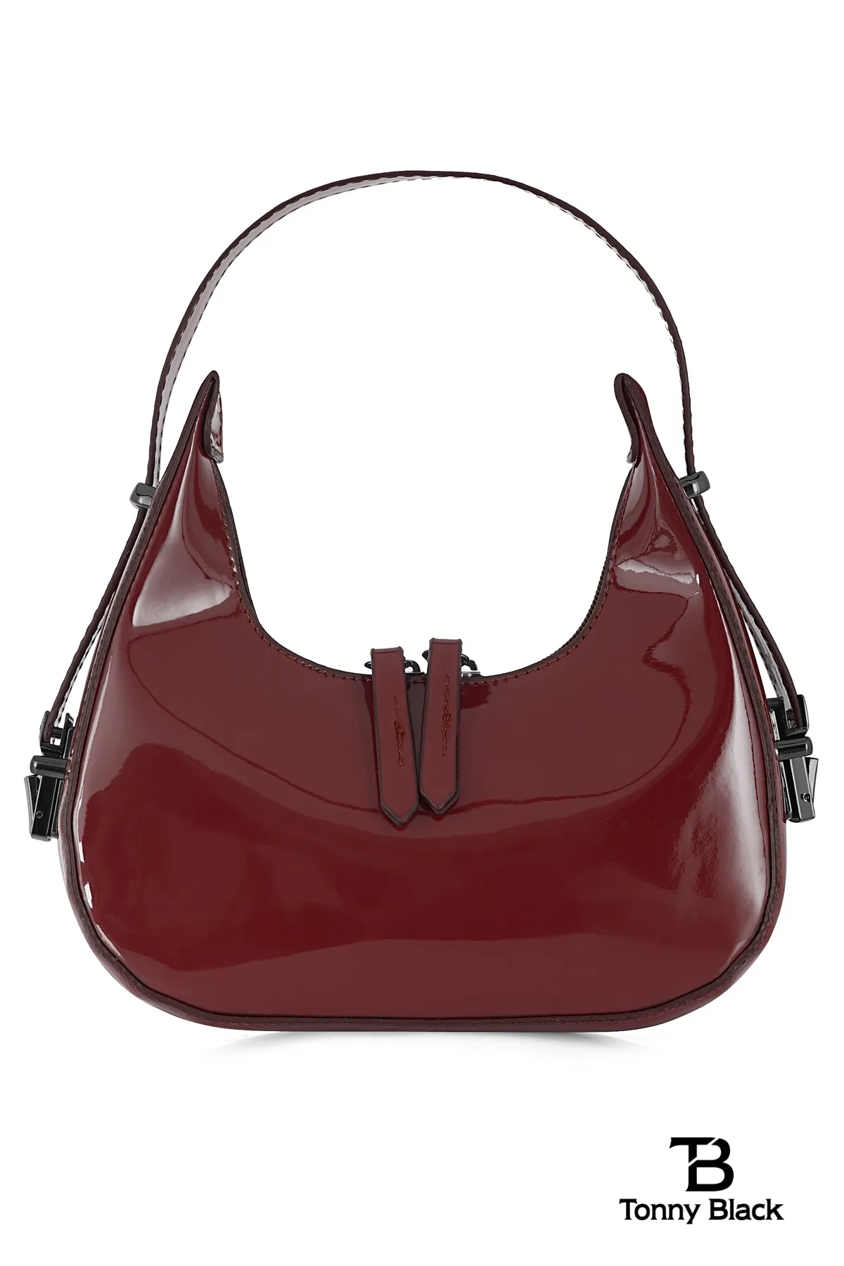 Tonny Black  Original Neue Saison Kirschrot Glänzendes Lackleder Baguette Modell Einäugig Stilvolle Handtasche und Schultertasche Weinrot