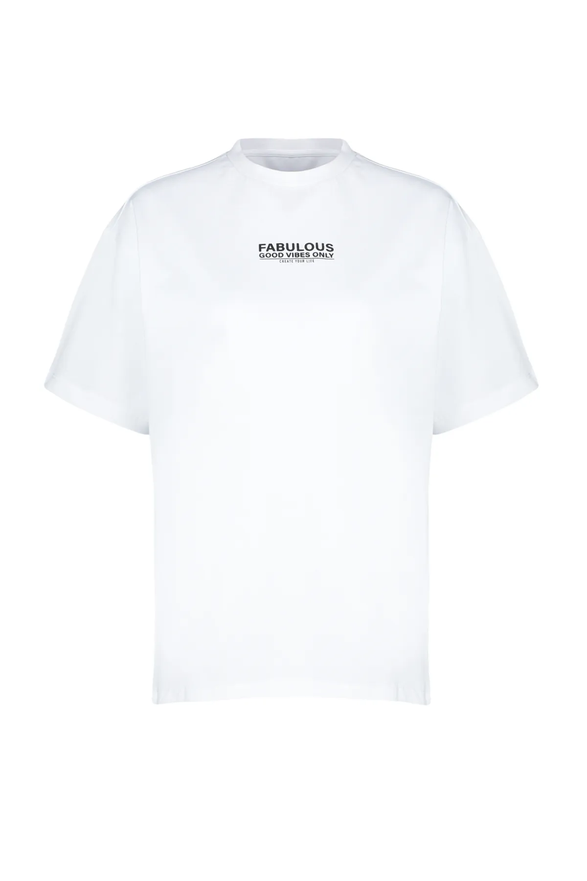 Trendyol Collection  Ecrufarbenes, übergroßes/weit geschnittenes Strick-T-Shirt aus 100 % Baumwolle mit Aufdruck auf Vorder- und Rückseite TWOSS24TS00183
