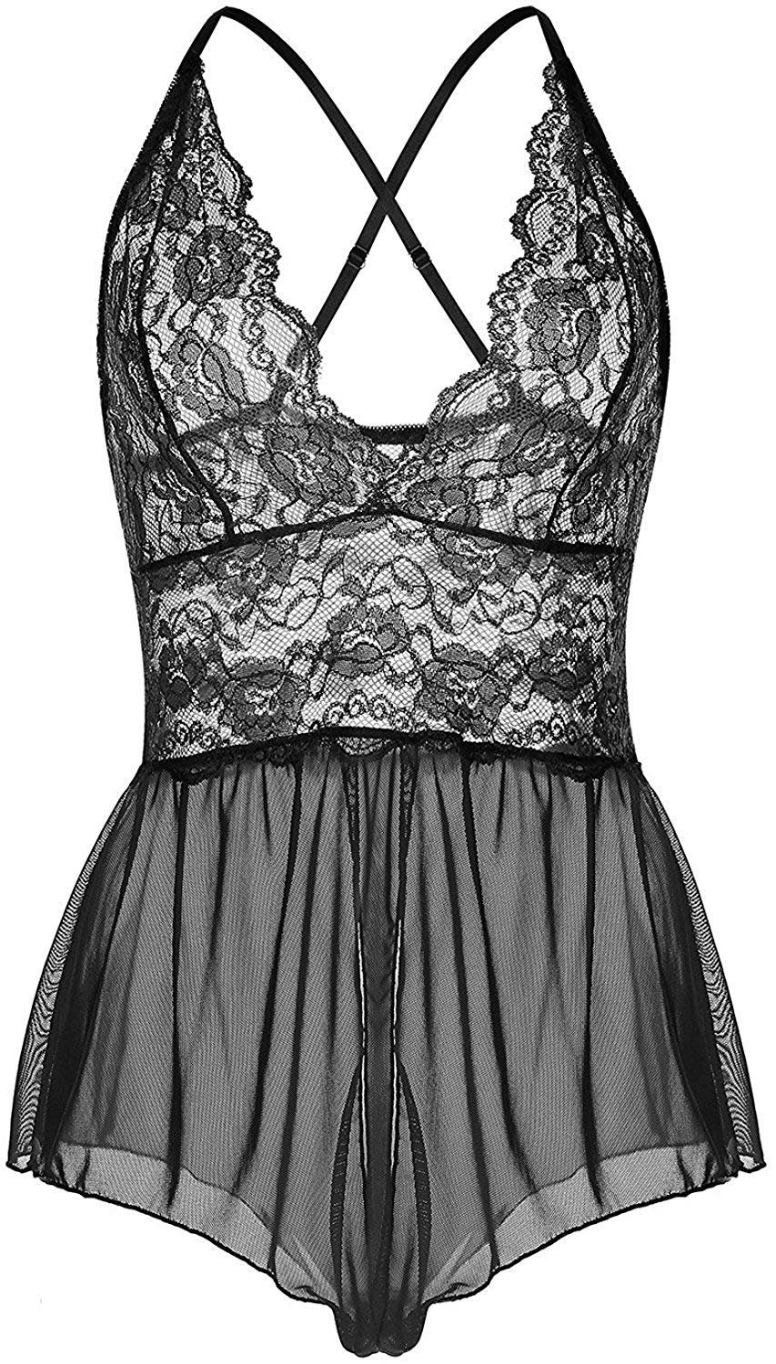 Lovolotti Body-Ouvert Damen Dessous Nachtwäsche Babydoll Reizwäsche L4K1 Sexy Unterwäsche Nachtkleid Spitze Durchsichtig transparent