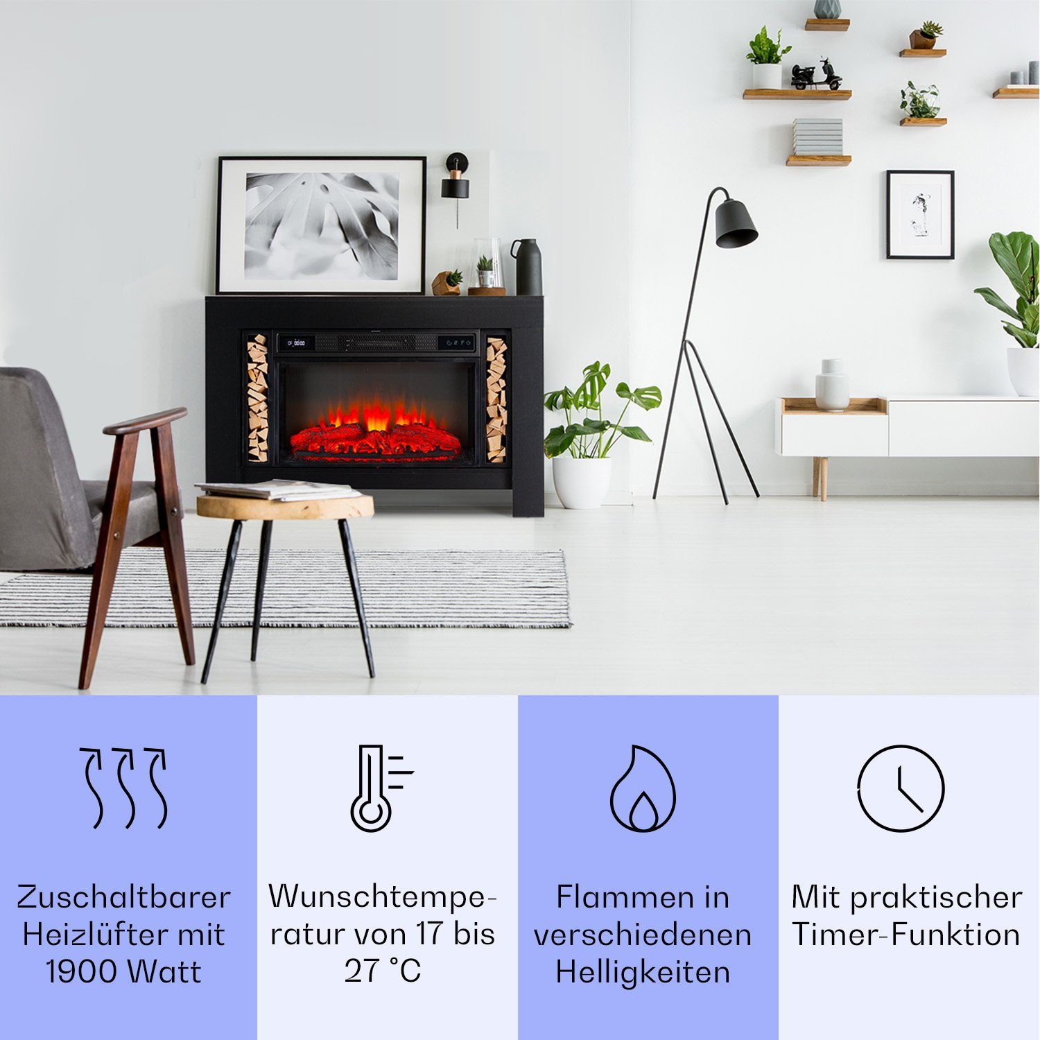 Klarstein Elektrokamin Studio Loft 2 Elektrokamin, elektrischer Kaminofen mit Heizung LED-Beleuchtung, Timer Schwarz