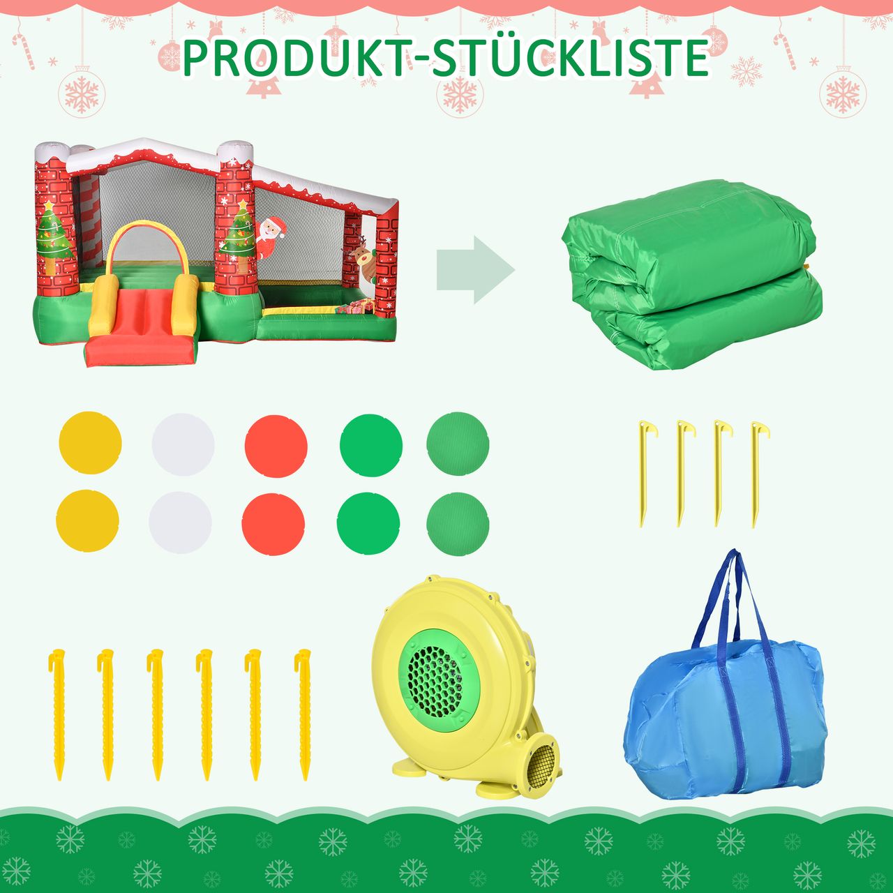 Outsunny Weihnachten Aufblasbare Hüpfburg Trampolin kleine Rutsche Ballgrube für 3 Kinder Springburg mit Gebläse für 3-8 Jahre Kindergarten Oxford-Gewebe Polyester Rot Grün 325 x 270 x 175 cm