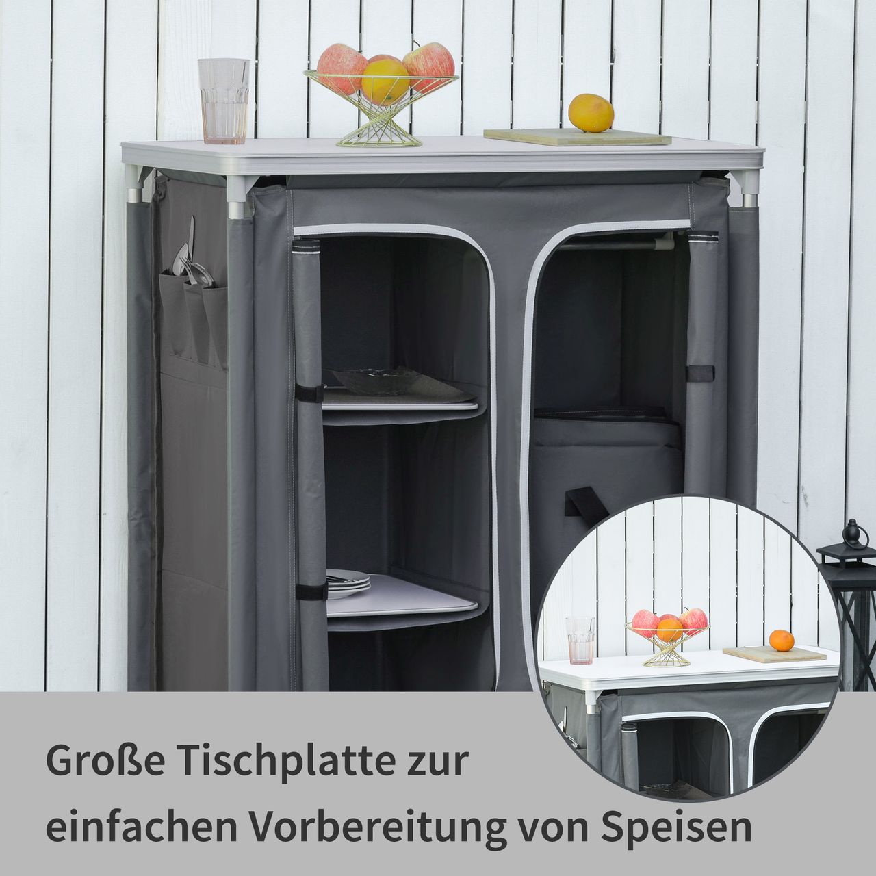 Outsunny Campingschrank Küchenbox tragbar mit Arbeitsplatte Tragetasche 3 Ablagen 1 Schrank Grau 96 x 49,5 x 104 cm