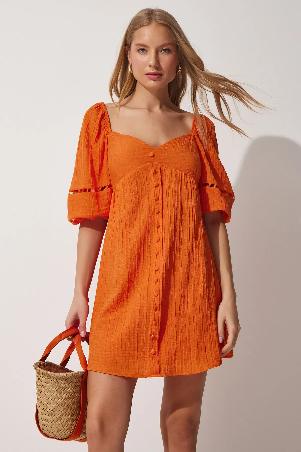 Happiness İstanbul  Damen-Sommerkleid mit herzförmigem Ausschnitt und Ballonärmeln in Orange DM00113