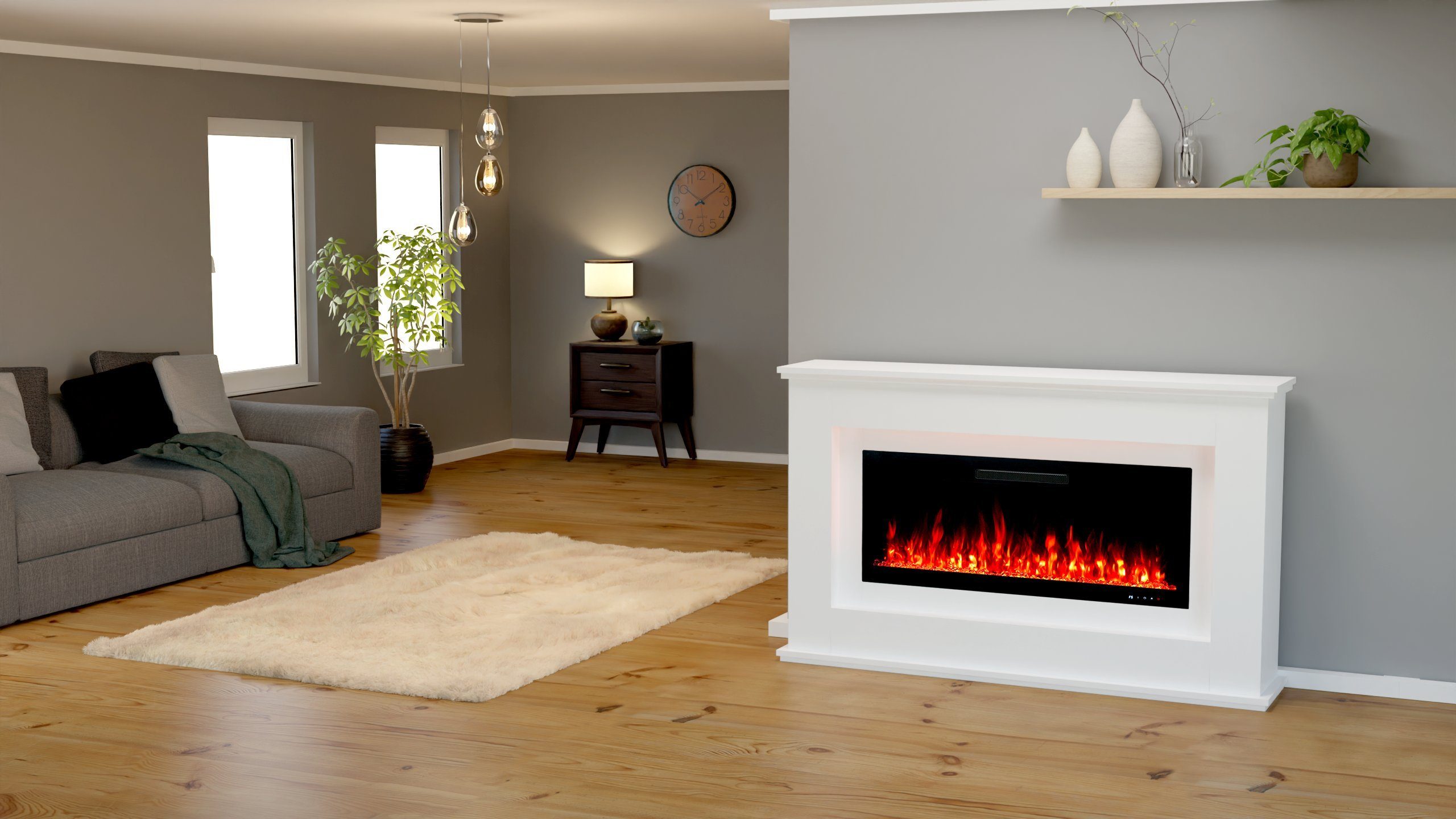 GLOW FIRE Elektrokamin weiß / grau / schwarz RHEA LED Kamin mit Heizung, Elektrischer Kamin mit 3D Feuer mit Heizung, 2 Dekorationen