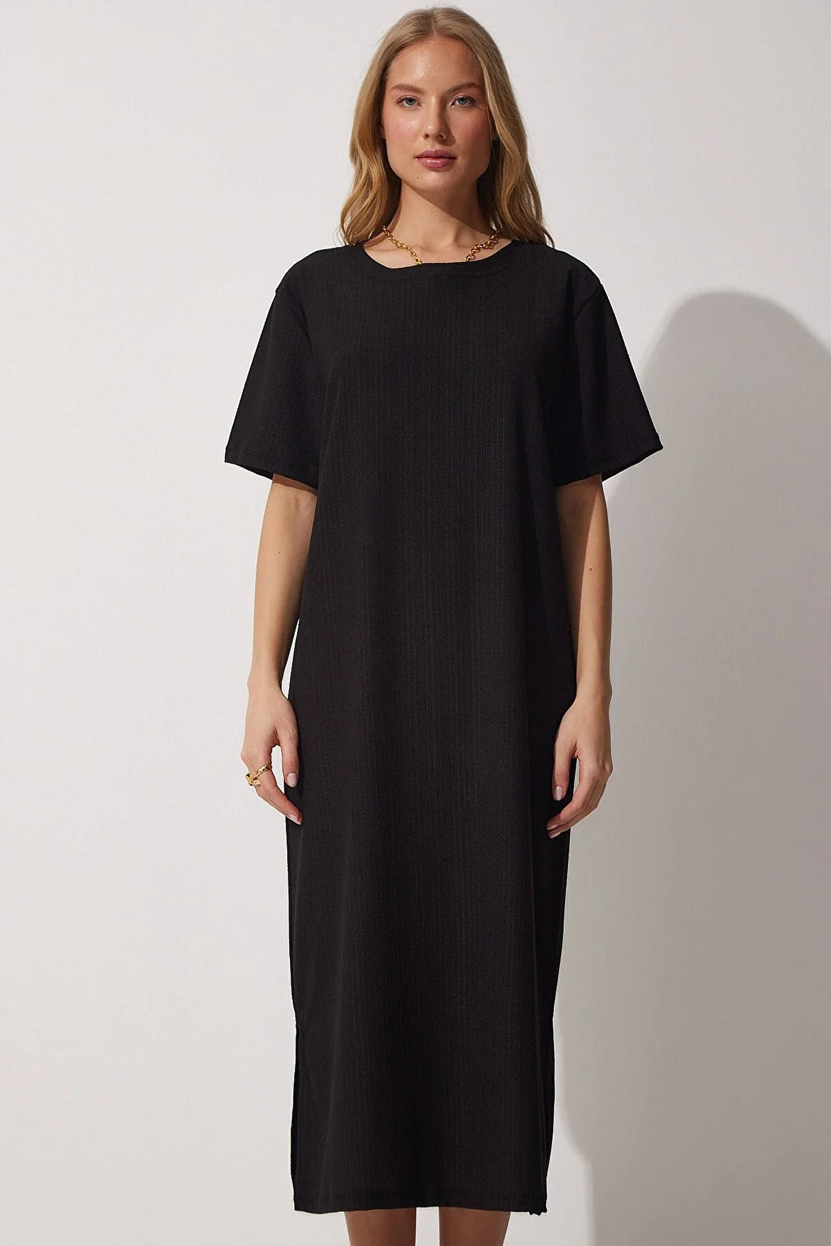 Happiness İstanbul  Schwarzes, lockeres, langes, tägliches Sommer-Strickkleid für Damen DZ00076