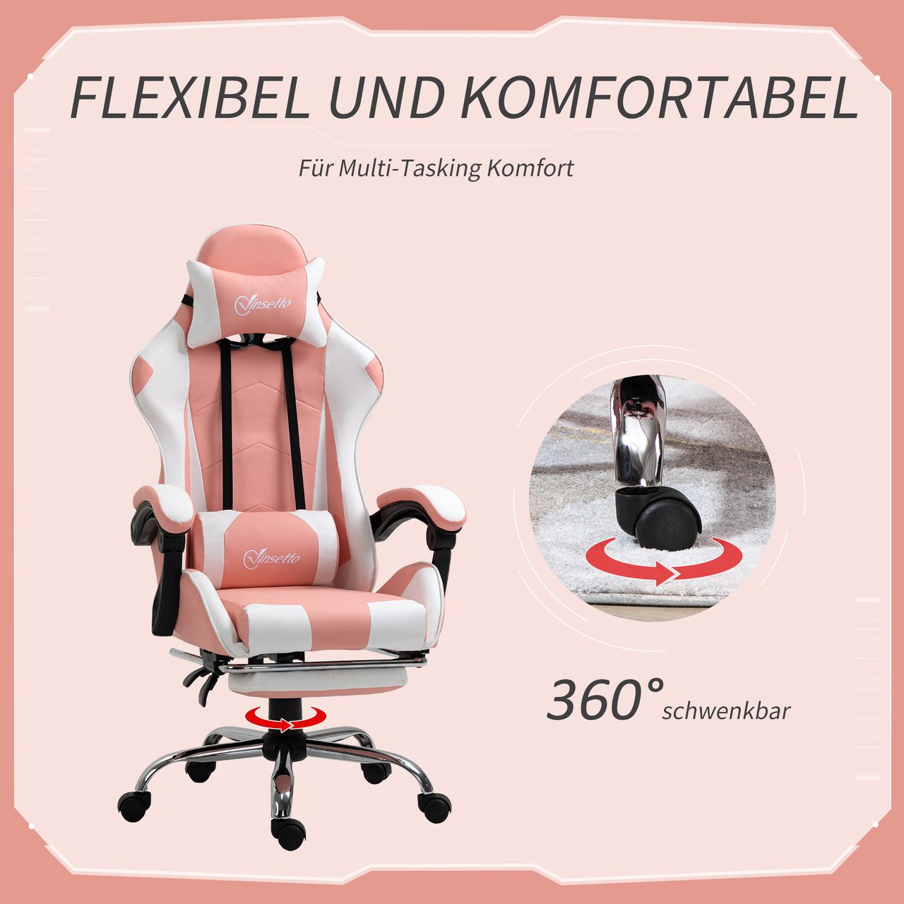 HOMCOM Gamingstuhl Computerstuhl Ergonomischer Bürostuhl Gamer Stuhl mit Kopfstütze Lendenkissen Bürostuhl höhenverstellbar 360°drehbar Schaumstoff Kunstleder PVC Rosa Weiß 64 x 67 x 119-127 cm