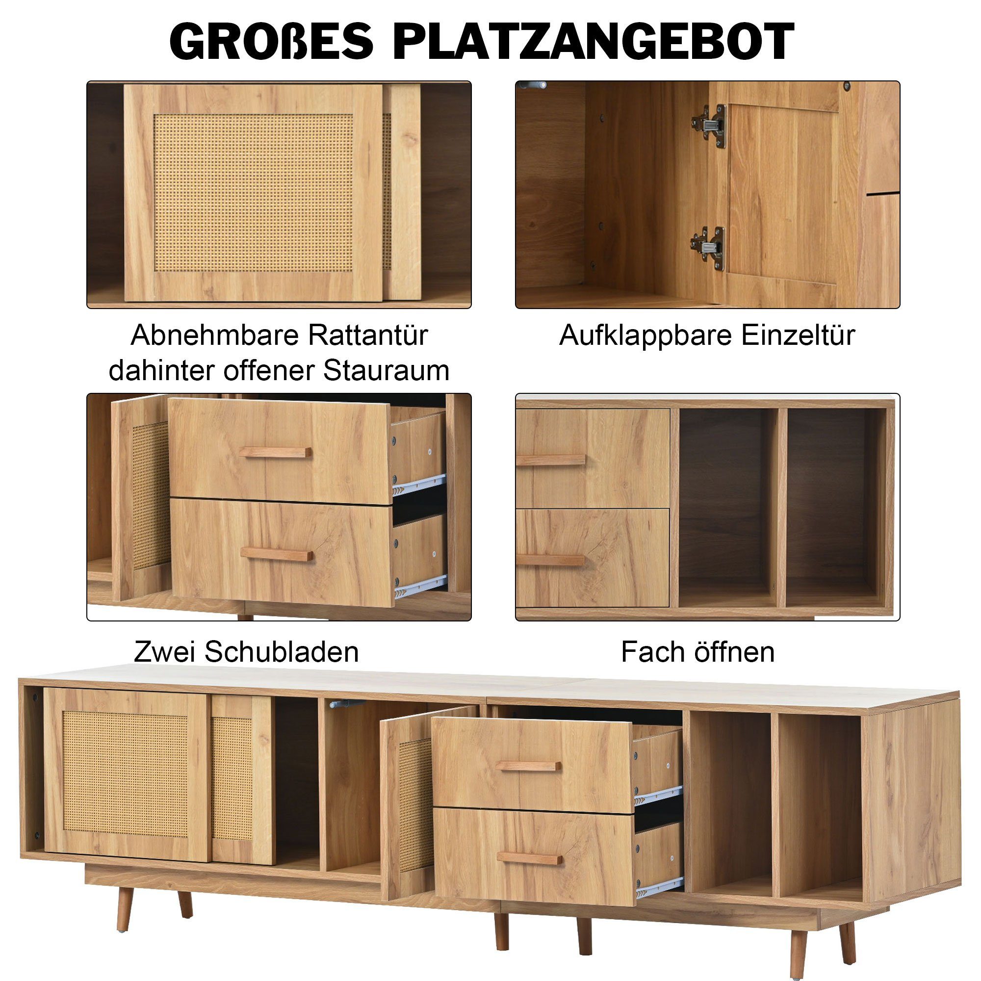 Odikalo TV-Board TV-Ständer Lowboard Sideboard Lagerschrank TV-Schrank Oak Rattan Natur