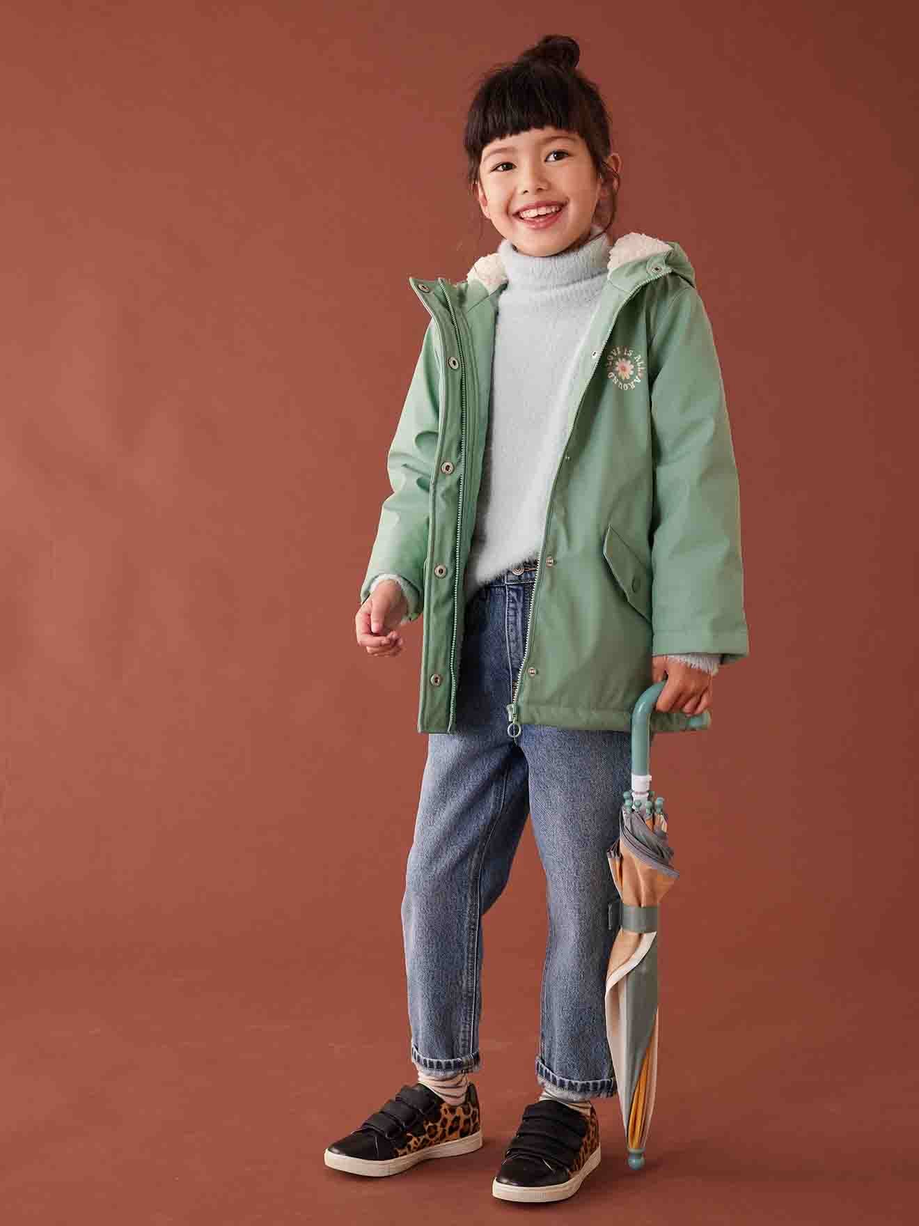 Vertbaudet Mädchen Regenjacke mit Kapuze & Teddyfleece-Futter - moosgrün