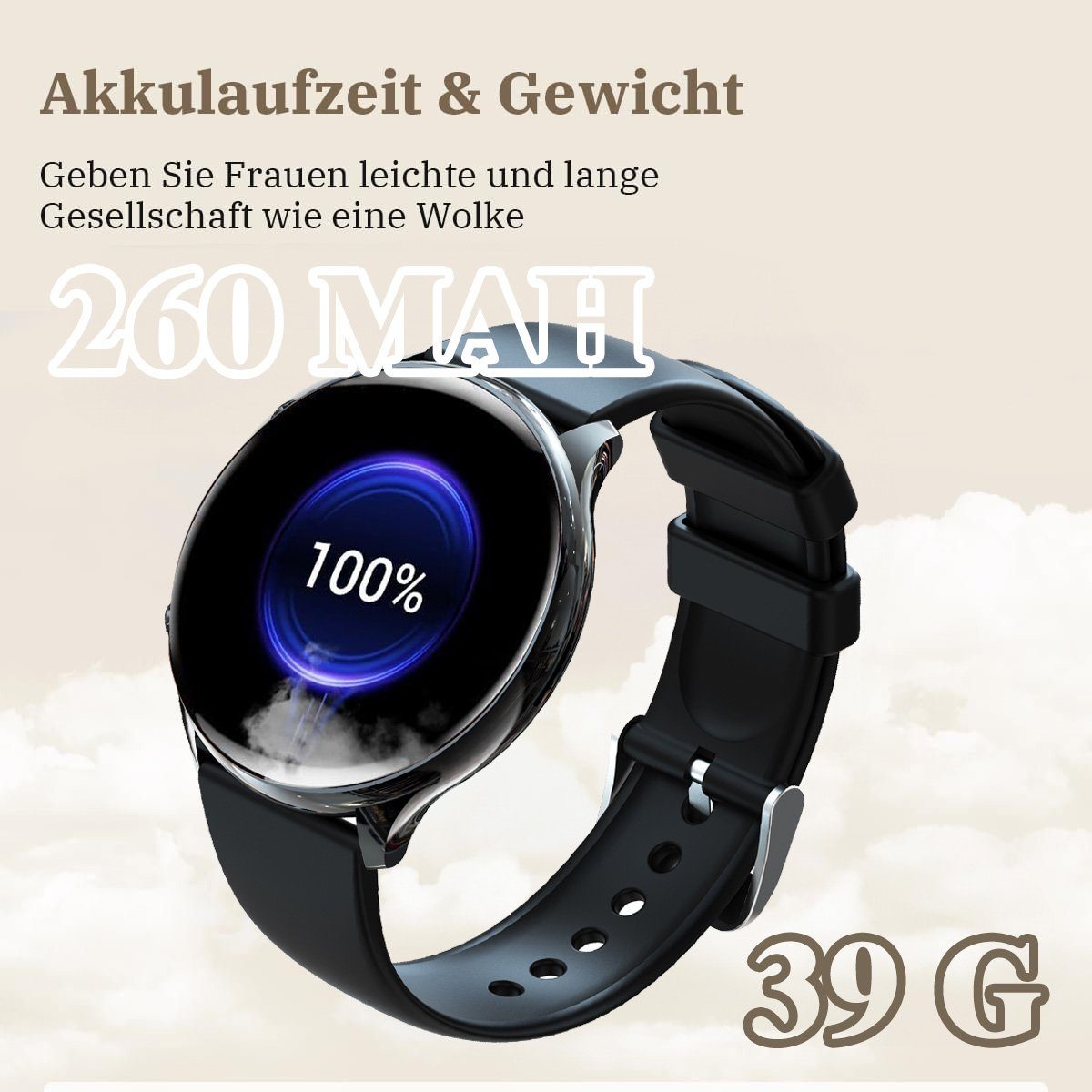 Powerwill Damen Smartwatch mit Telefonfunktion, 1,39-Zoll-HD-Voll-Touchscreen Smartwatch (1,39 Zoll) Schlafüberwachung, Menstruationszyklus, Armbanduhr, IP68, mit Wechselarmband aus Silikon, Fitness-Tracker mit 120 Sportmodi, SpO2-Herzfrequenzmesser
