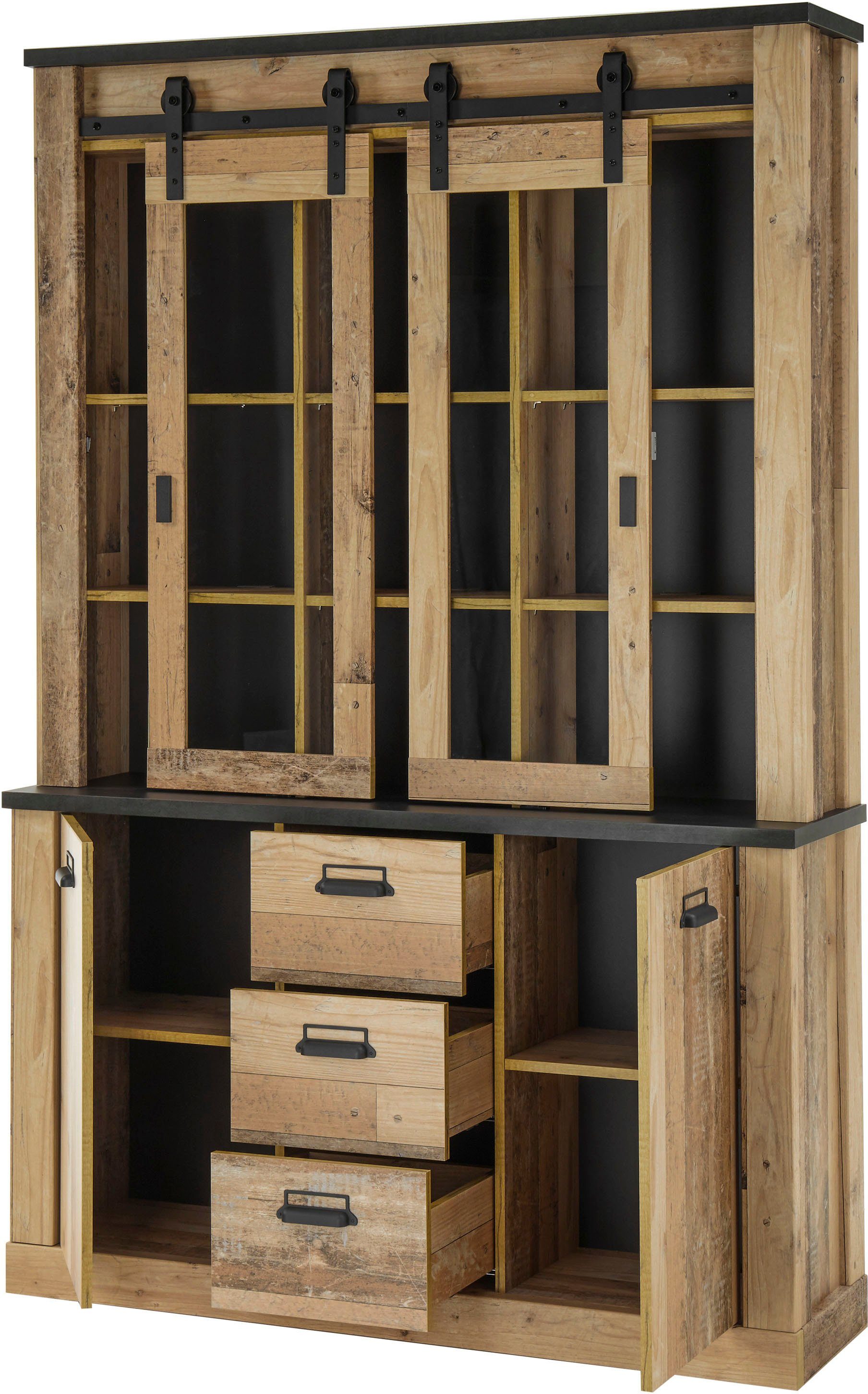 Home affaire Buffet SHERWOOD Holz Dekor, mit Scheunentorbeschlag und Apothekergriffen, Breite 133cm