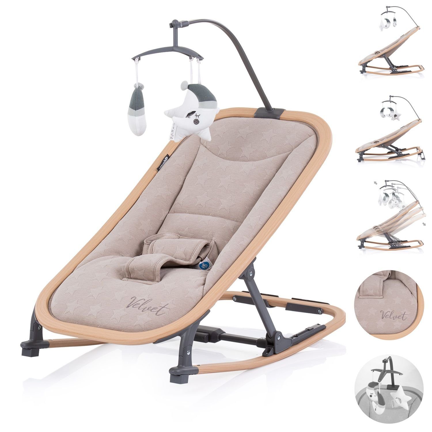 Chipolino Babywippe Babywippe Velvet faltbar, Spielbogen Holzoptik Sicherheitsgurt bis 9 kg