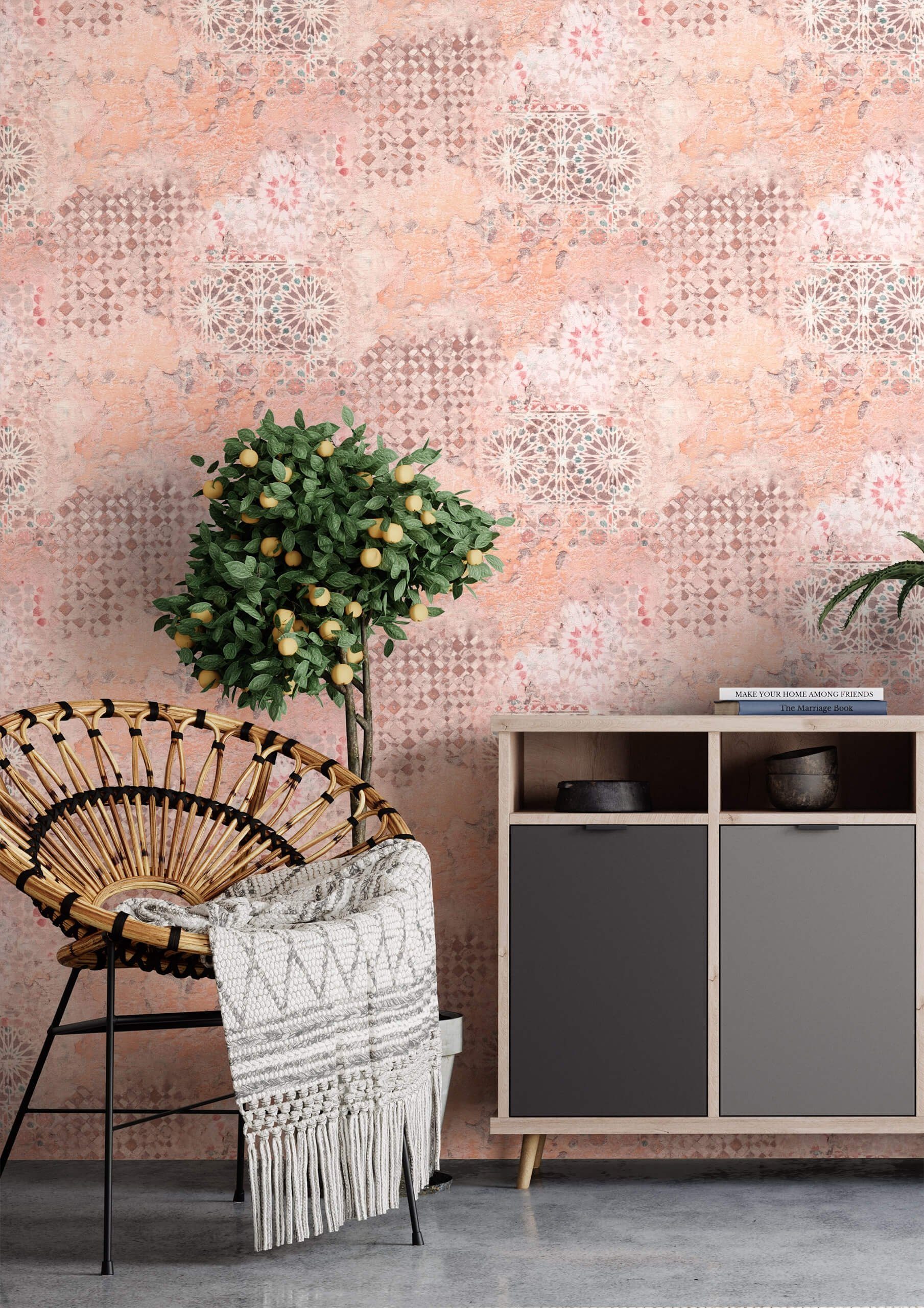 Newroom Vliestapete, Orange Tapete Industrial Beton - Betonoptik Putzoptik Braun Creme Vintage Modern Fliesen Putz für Wohnzimmer Schlafzimmer Küche
