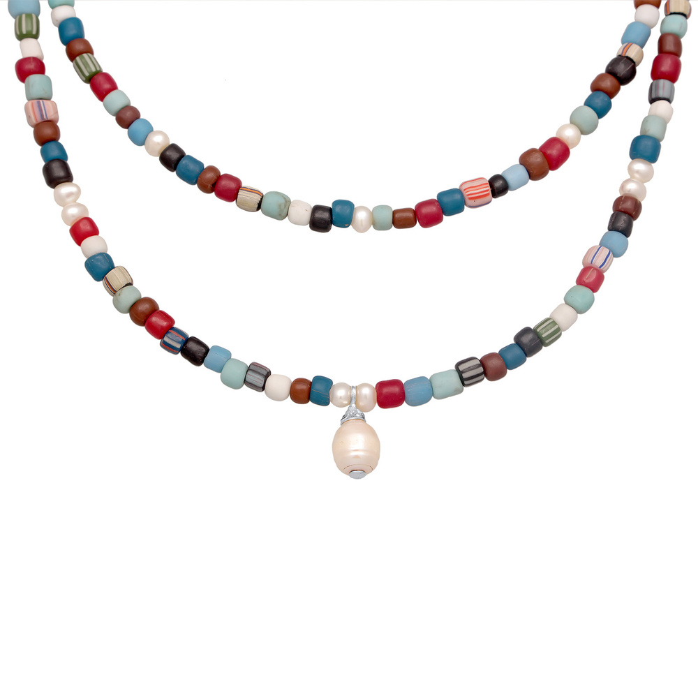 KUZZOI KUZZOI Collier Hommes Couches Perles de verre multicolores avec perles d'eau douc collier