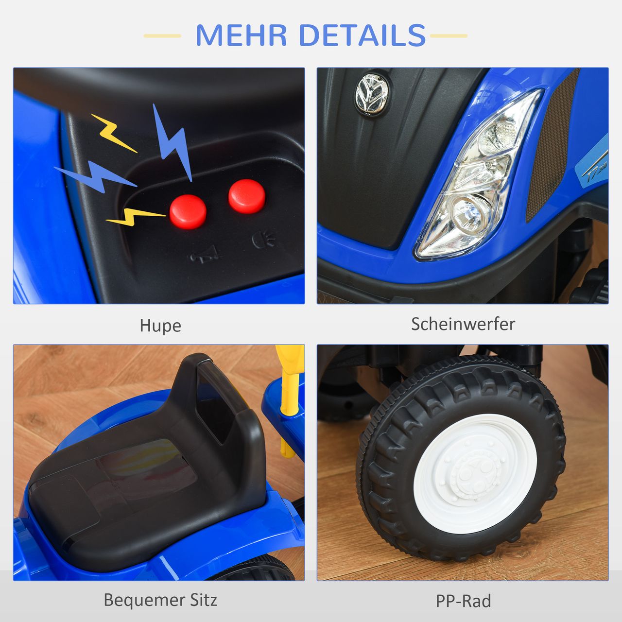 HOMCOM Rutschauto Kindertraktor Tretauto mit Anhänger Hupe Scheinwerfer Blau